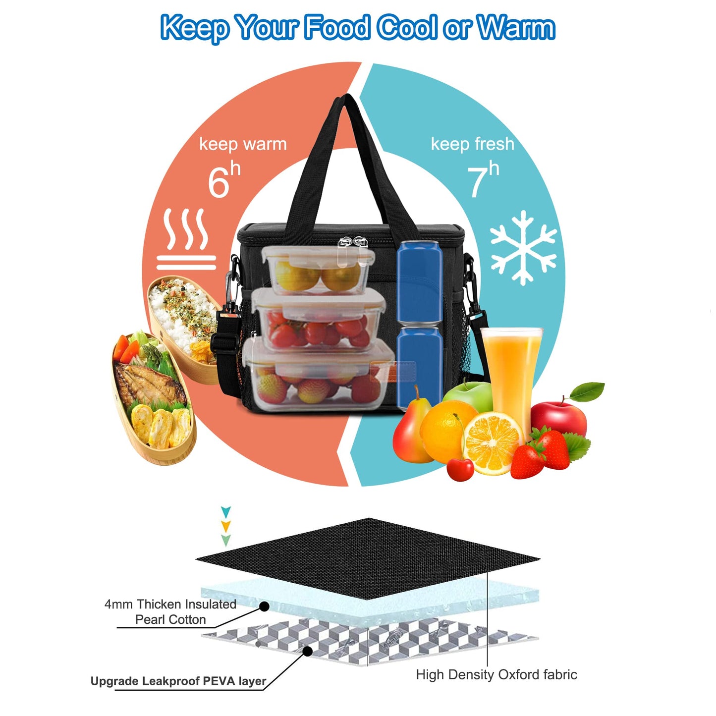 Femuar Reusable Lunch Box for Men/Women - Insulated Lunch Bag Leakproof Lunchbox for Work Office Picnic Beach - Freezable Lunch Cooler Bag with Adjustable Shoulder Strap - Black