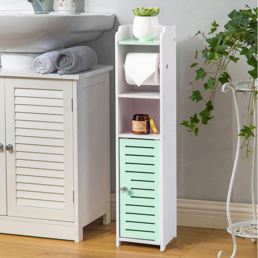 AOJEZOR Toilet Paper Holder Stand: Small Bathroom Storage Cabinet - Mint Green - White