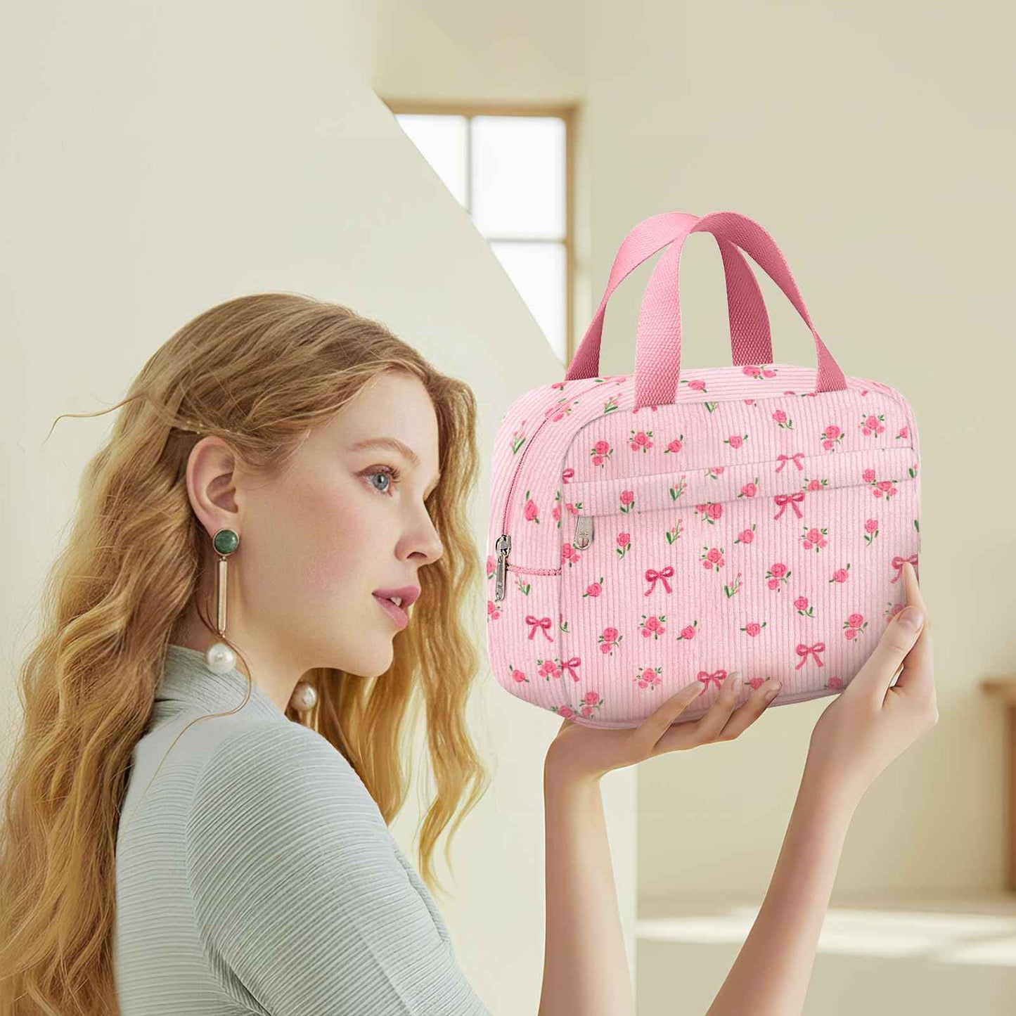 Chicarries Small Makeup Bag for Purse Cute Corduroy Cosmetic Pouch with Zipper Travel Toiletry Bag for Women(Flower bow pink)