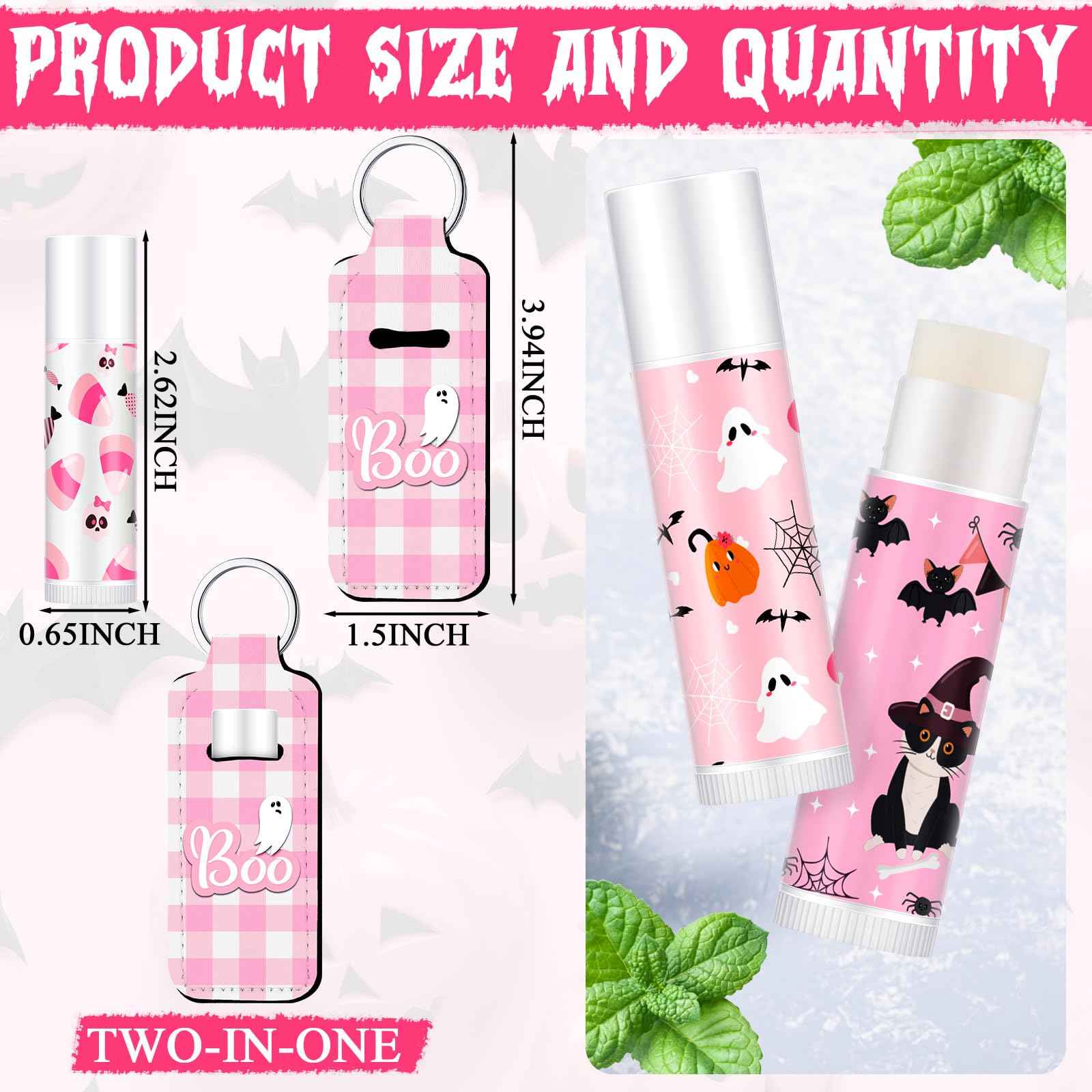 Swiffen 36 Pcs Halloween Lip Balms Gifts Bulk Halloween Party Favors Lip Balm Holder Keychain Spooky Ghost Skull Bat Lipstick Moisturizers for Adults Treat Bags Stuffers Party Supplies(Pink Style)