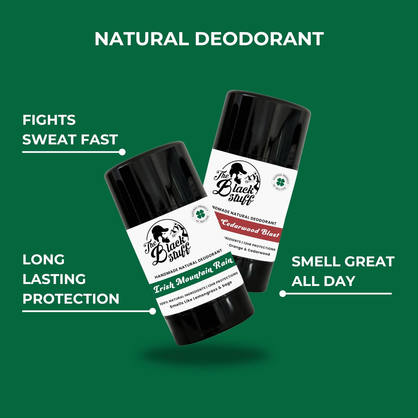 The Black Stuff Natural Deodorant with Cocoa Butter & Lemon - Aluminum Free for Men, Long-Lasting Freshness, Irish Mountain Rain & Citrus Cedarwood Blast (Pack of 2)