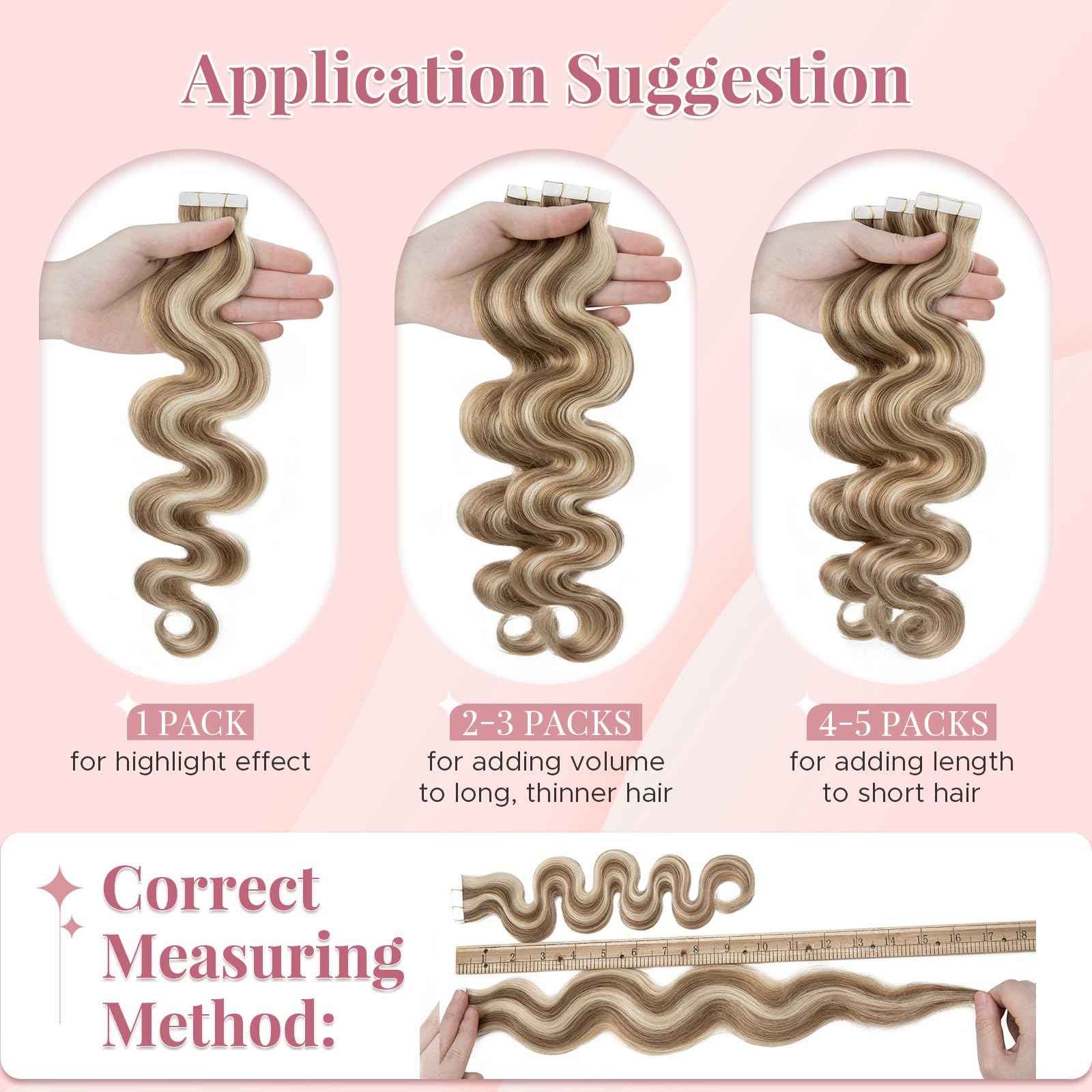 SEGOHAIR Wavy Tape In Hair Extensions Real Human Hair with Double-Sided Adhesive Professional Hair Extensions for Women 20pcs Body Wave 14 Inches Medium Brown Mixed Bleach Blond