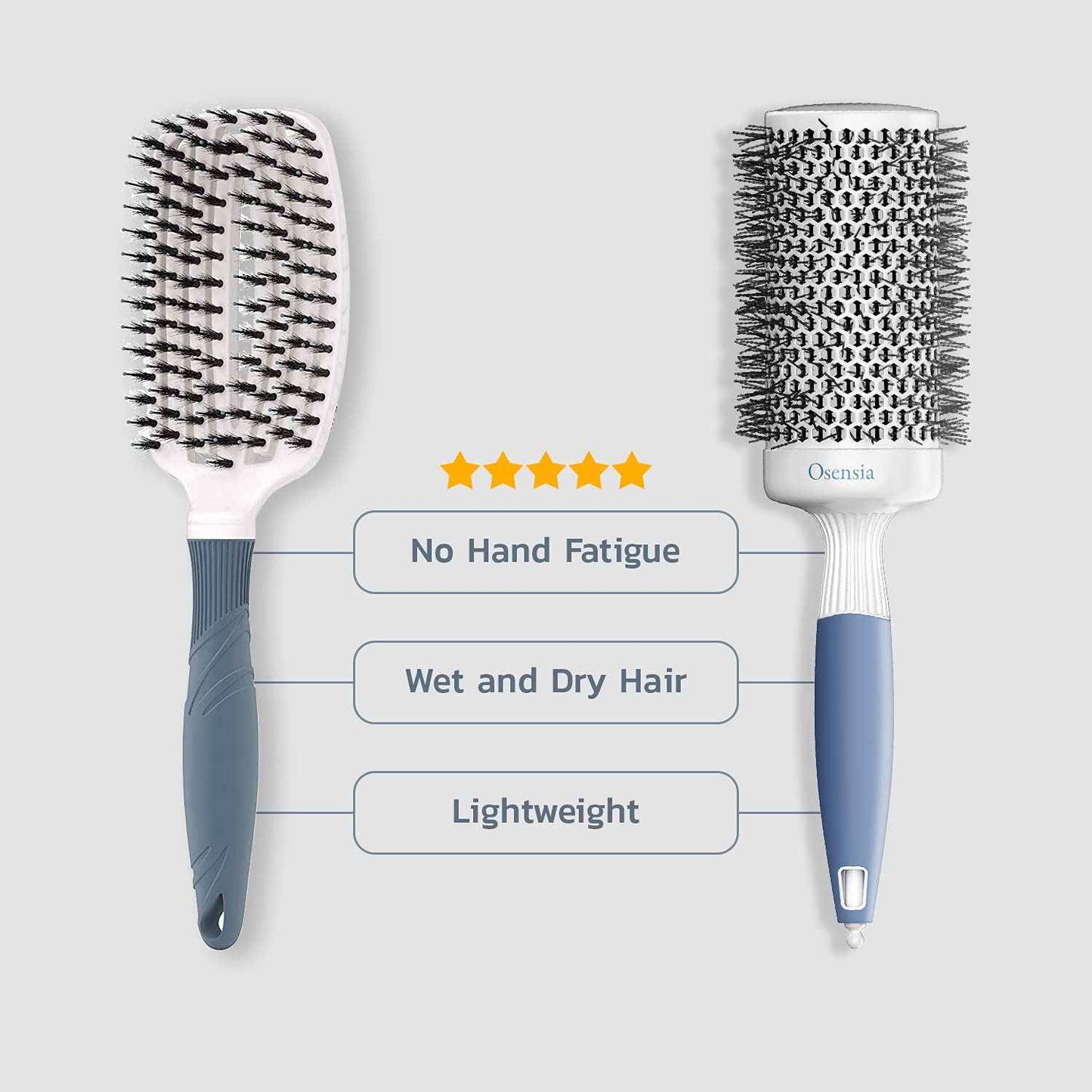 Professional Round and Detangling Hair Brush Set - Ceramic Ionic Thermal Brush - Natural Boar Bristle for Kids, Women, and Men - 2" Barrel