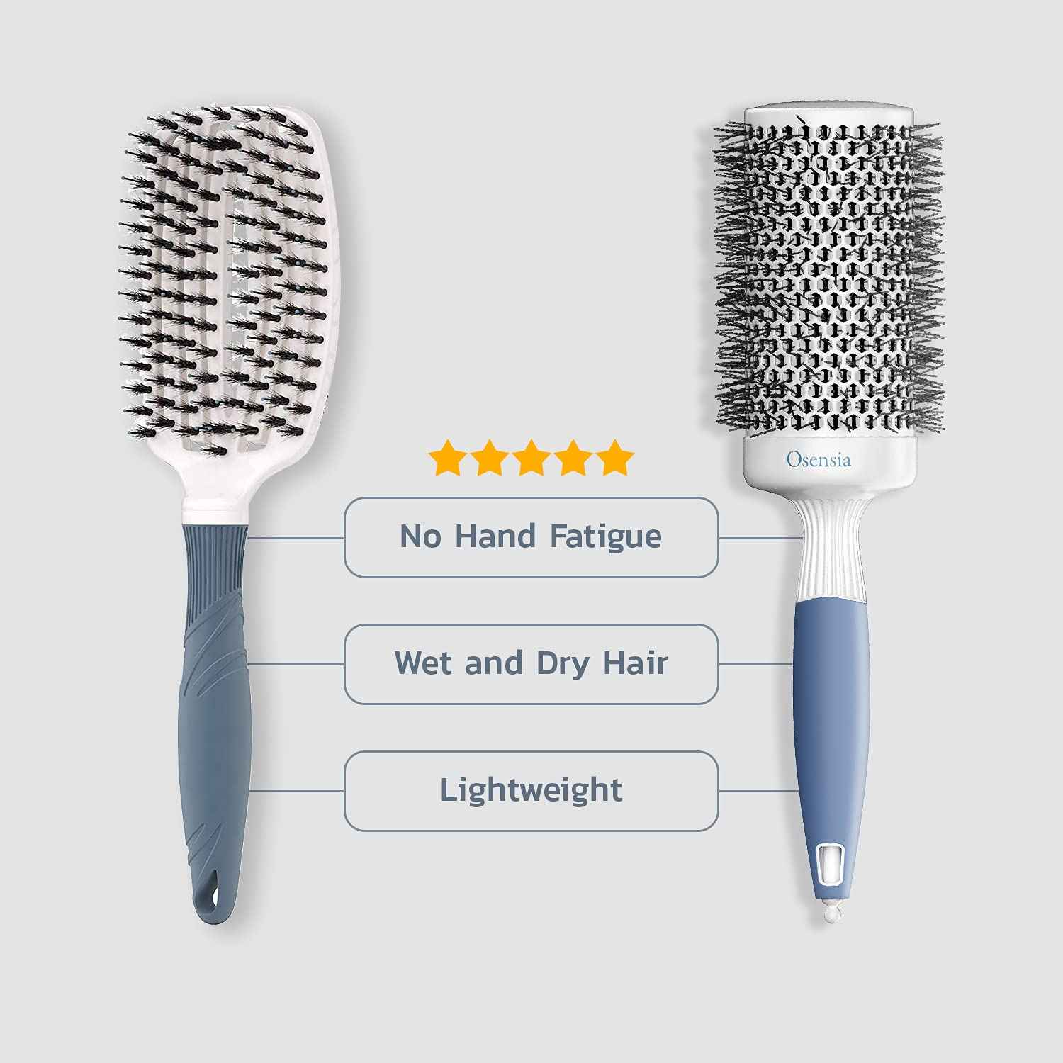 Professional Round and Detangling Hair Brush Set - Ceramic Ionic Thermal Brush - Natural Boar Bristle for Kids, Women, and Men - 2" Barrel