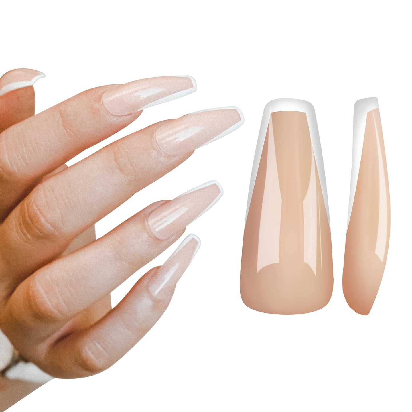 Allkem Press On Nails - Nude Vibes Glossy Extra Long Ballerina 2 Set Bundle | 10 sizes - 20 pcs False Nails Full Cover Nail Kit with Glue