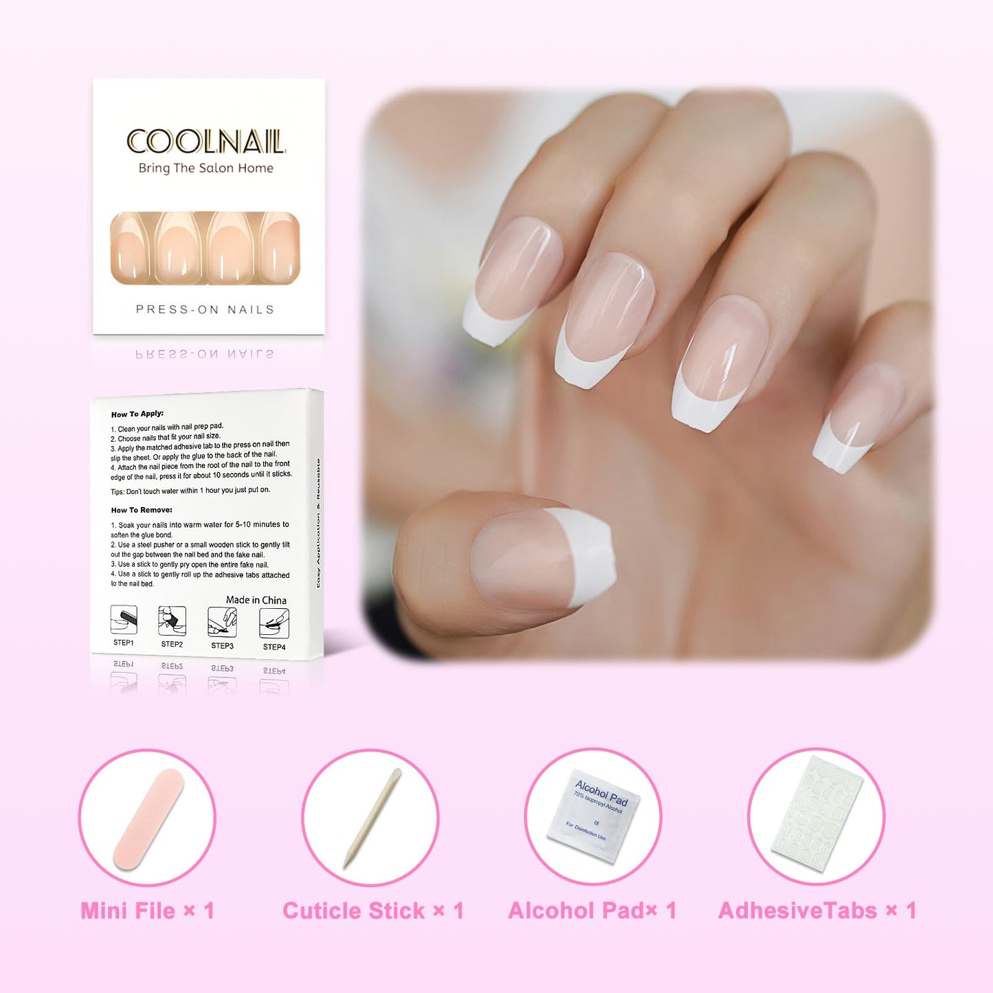 CoolNail natural Nude White French Coffin False Fake Nails Press on Flat Ballerina Nails Art Tips Daily Office Finger Wear Manicure 24pcs