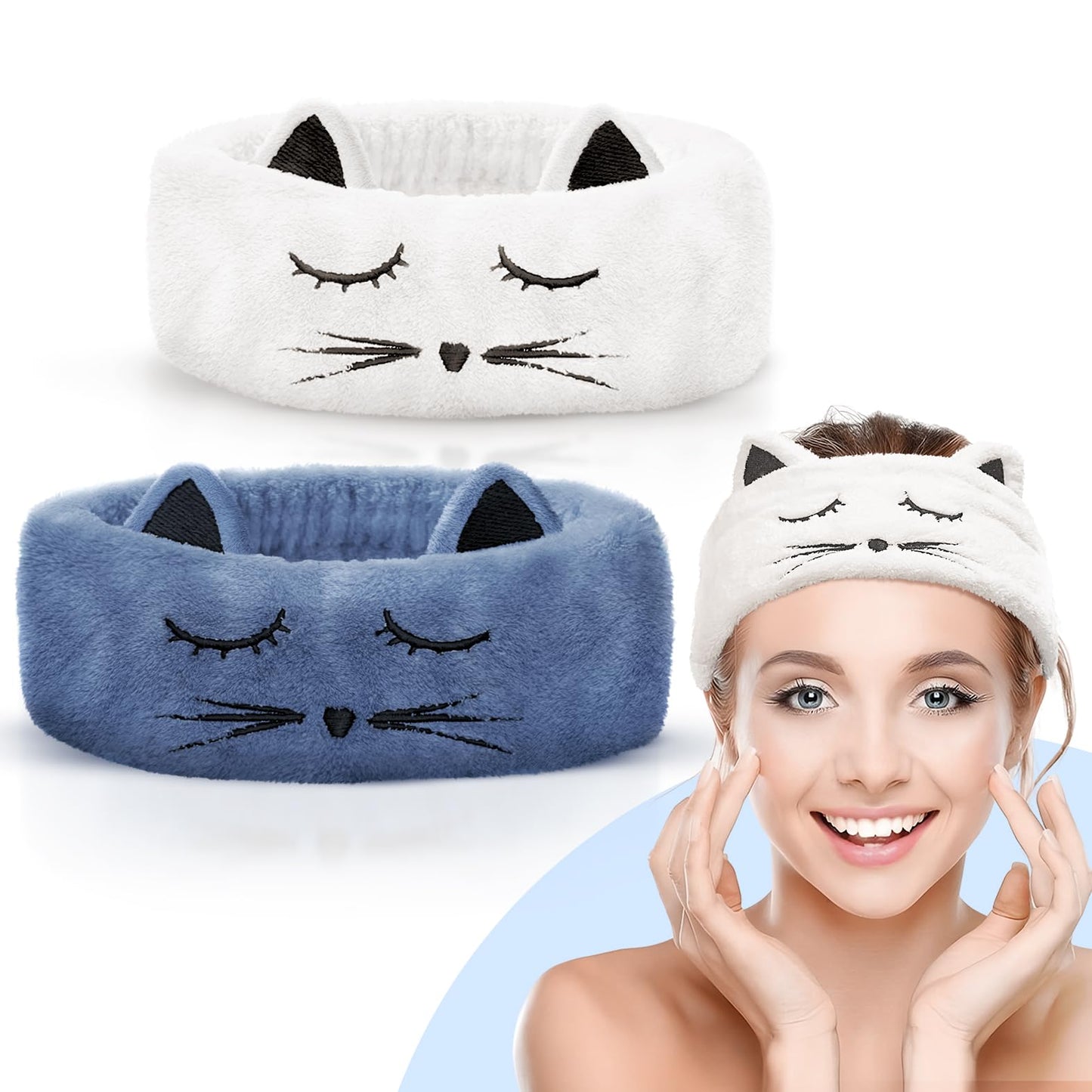 EIDDIZZ Headband 2 PCS, Cat Ear Spa Face Wash Headbands for Girls, Women Skincare Headband, Microfiber Makeup Headband for Facial Clean, Bathroom Shower, Spa, Mask