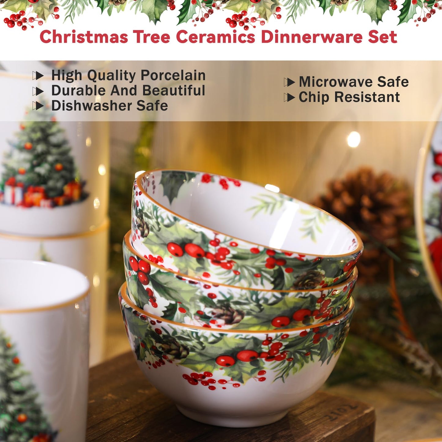 16 Pcs Christmas Tree Dinnerware Set for 4 Holiday Dishes Snowman Dinner Plates Festive Collection Dishes Village Holly Ivy Ceramic Gifts Dessert Plates Bowl Mug Kitchen Decoration for Xmas Winter