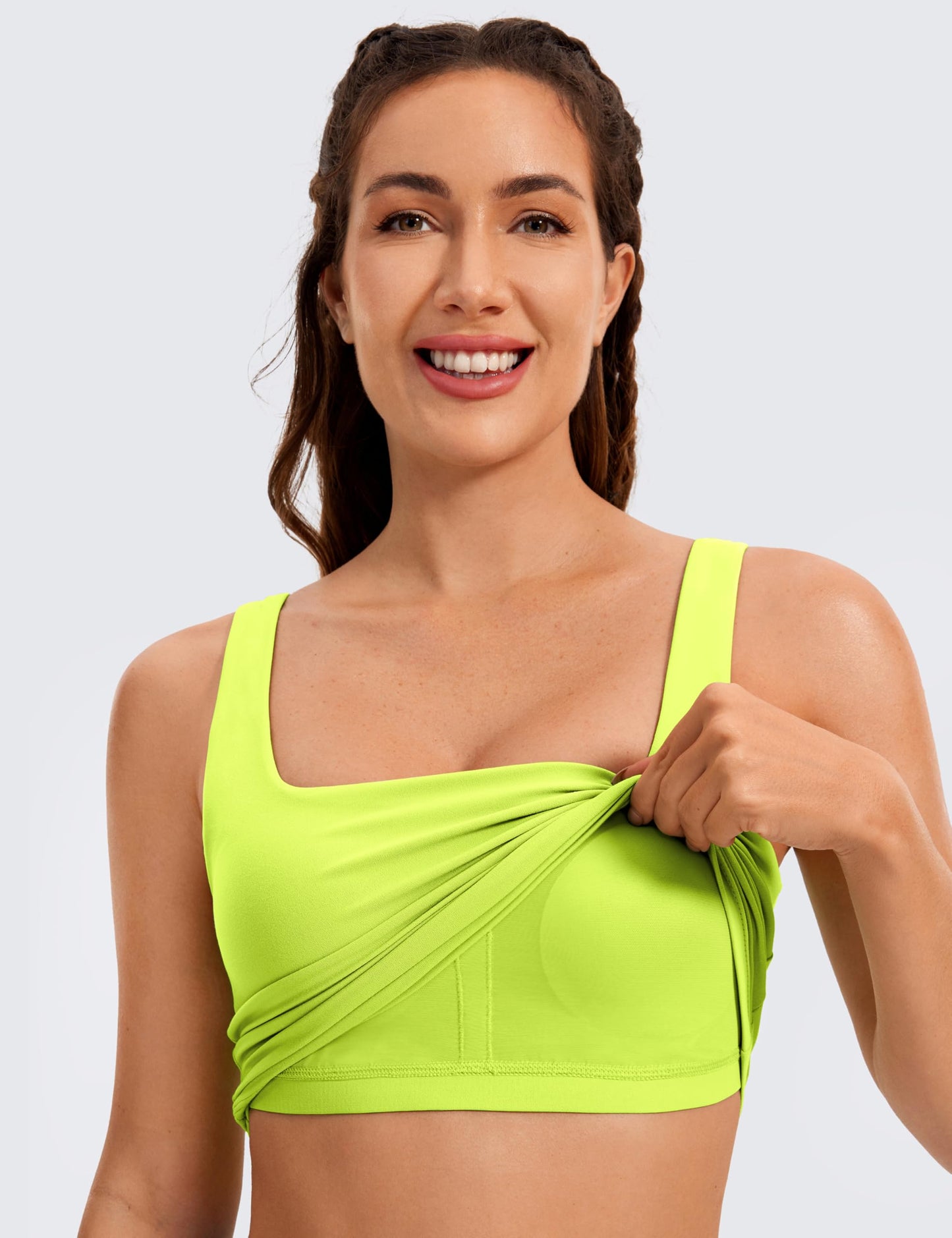 CRZ YOGA Butterluxe Womens Square Neck Longline Sports Bra - Workout Crop Tank Tops Padded with Built in Shelf Yoga Bra Neon Yellow XX-Small