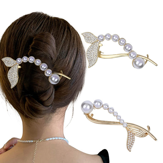 Yonchic 2-Piece Metal Pearl Hair Barrettes Clips, Simple Style Fish Tail Clip, Non Slip Elegant Retro Claw for Thin/Medium Thick Hair, Trendy Multiple Shapes Aesthetic Hair Accessories