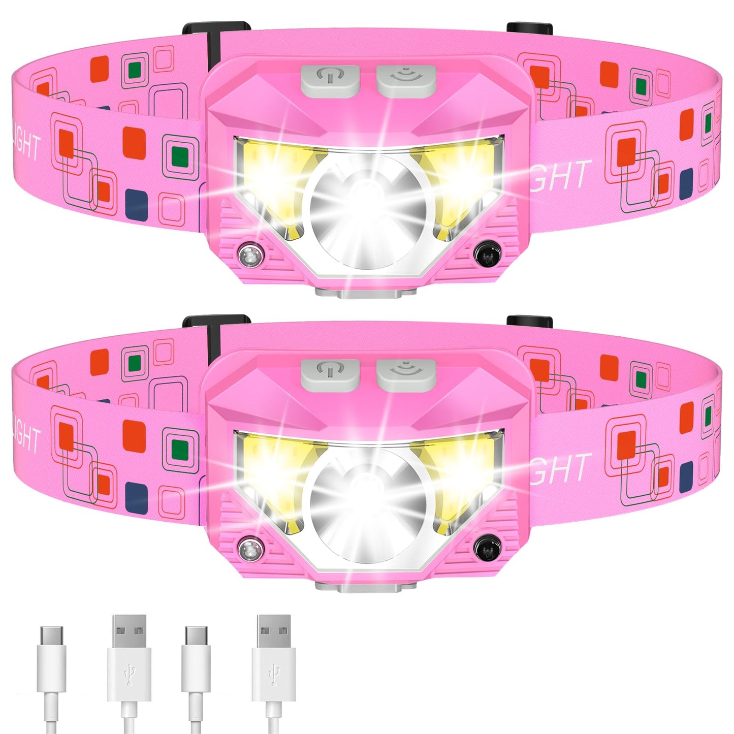 LHKNL Headlamp Flashlight, 1200 High Lumen Bright LED Rechargeable Headlight with White Red Light, 2-Pack Waterproof Motion Sensor Head Lamp, 8 Mode for Camping Running Hiking Fishing Gear- Pink