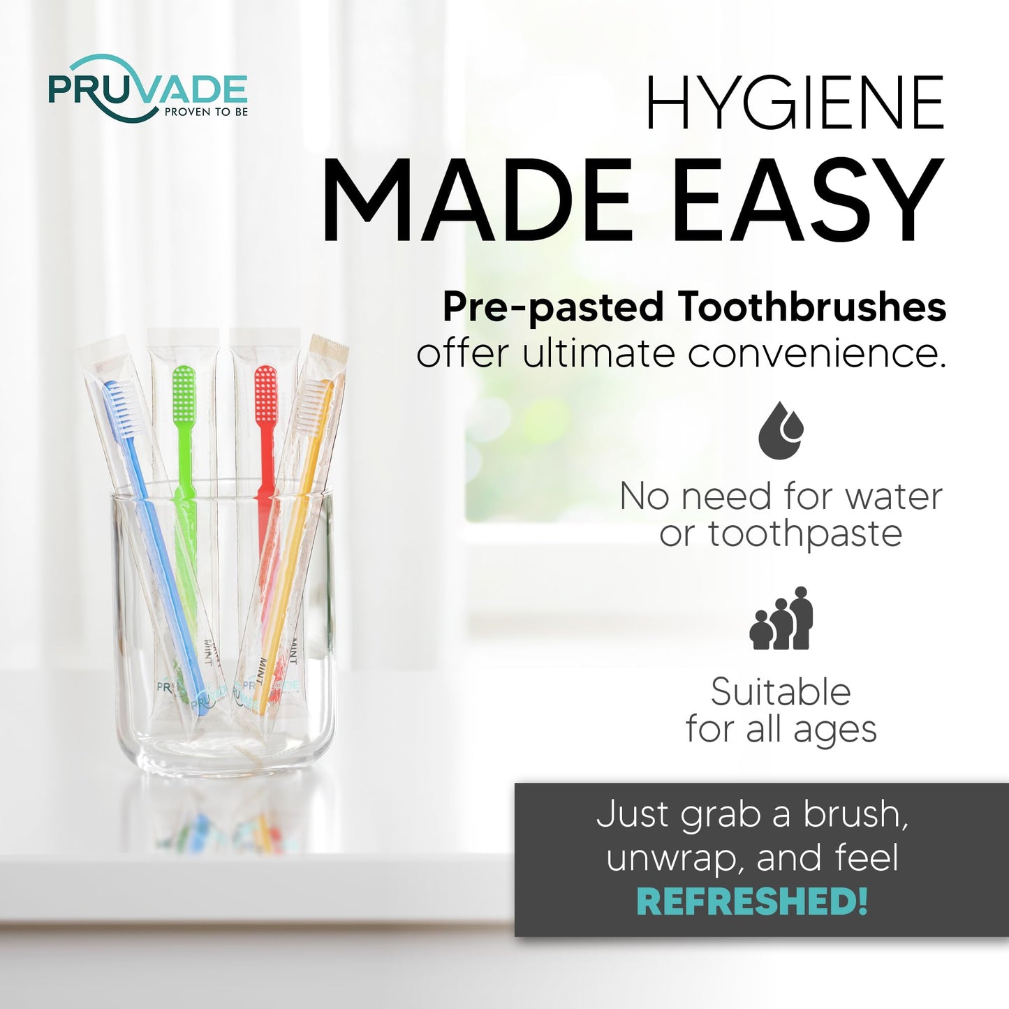 Pruvade 144 Pack Disposable Toothbrushes with Toothpaste, Built in - Prepasted Toothbrushes Individually Wrapped |Single Use Waterless Tooth Brush with Soft Bristles for Hotel, Camping, Travel