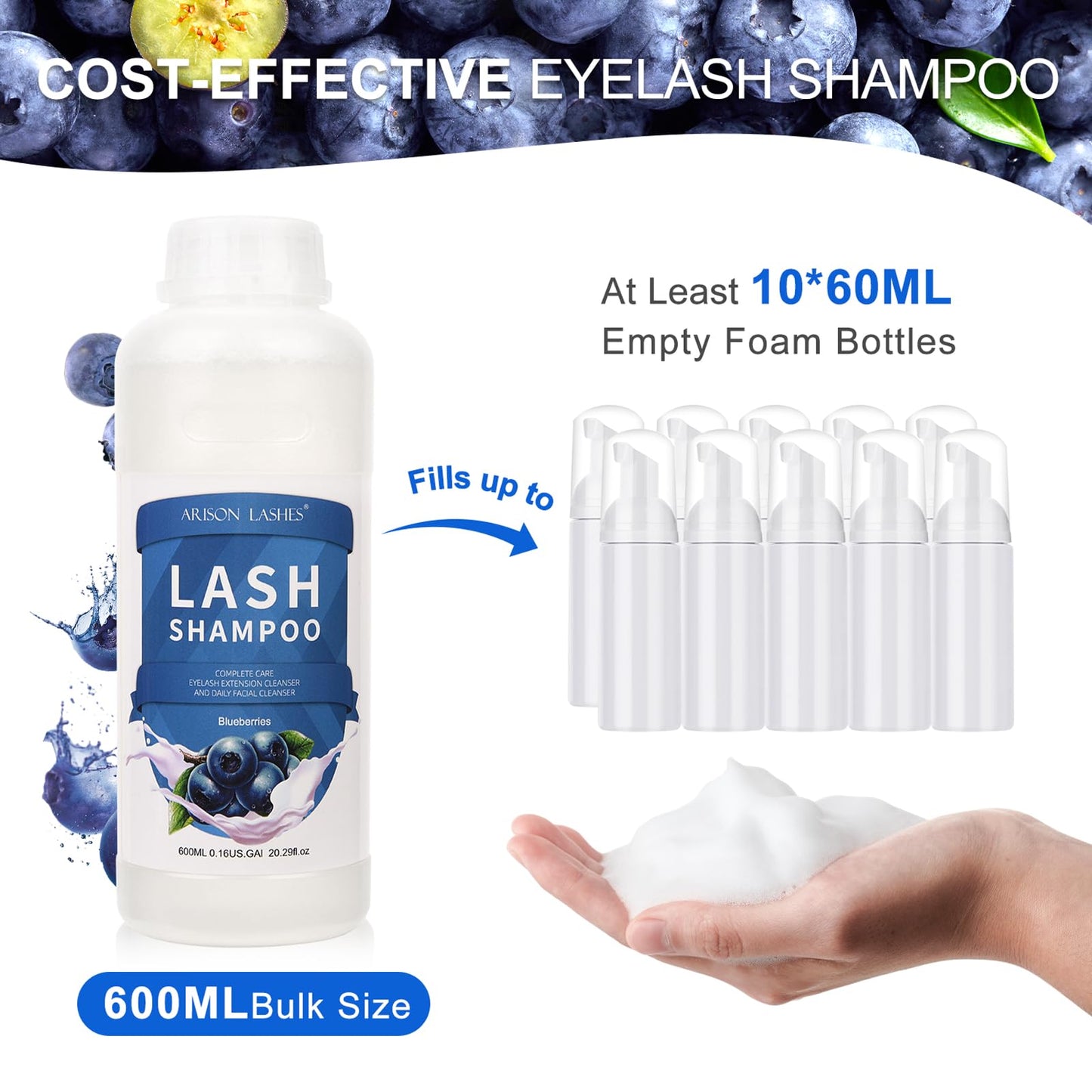 Arison Eyelash Eyelash Extension Shampoo 600ml / Eyelid Foaming Cleanser/Wash for Extensions and Natural Lashes/Paraben & Sulfate Free Safe Makeup & / Professional & Self Use (Blueberry)