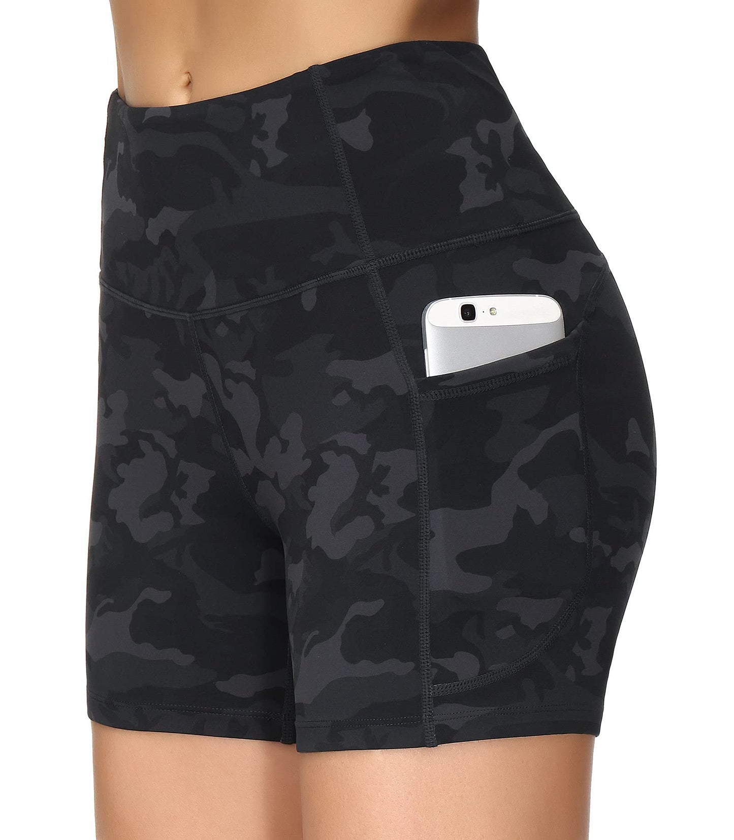 THE GYM PEOPLE High Waist Yoga Shorts for Women Tummy Control Fitness Athletic Workout Running Shorts with Deep Pockets (Small, Black Camo)