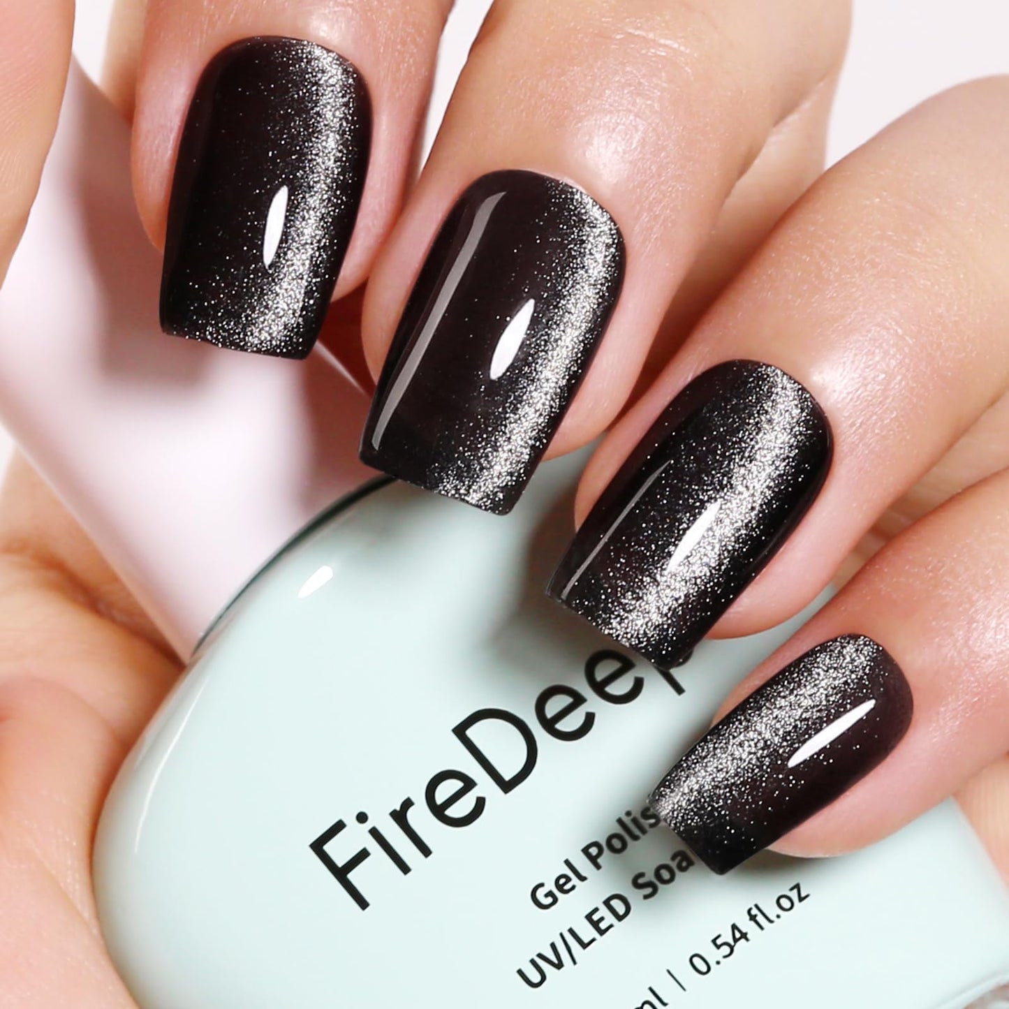 Firedeep Black Cat Eye Gel Nail Polish, 16ml Glitter Black Magnetic Gel Polish Holographic UV/LED Gel Polish with Magnetic Stick