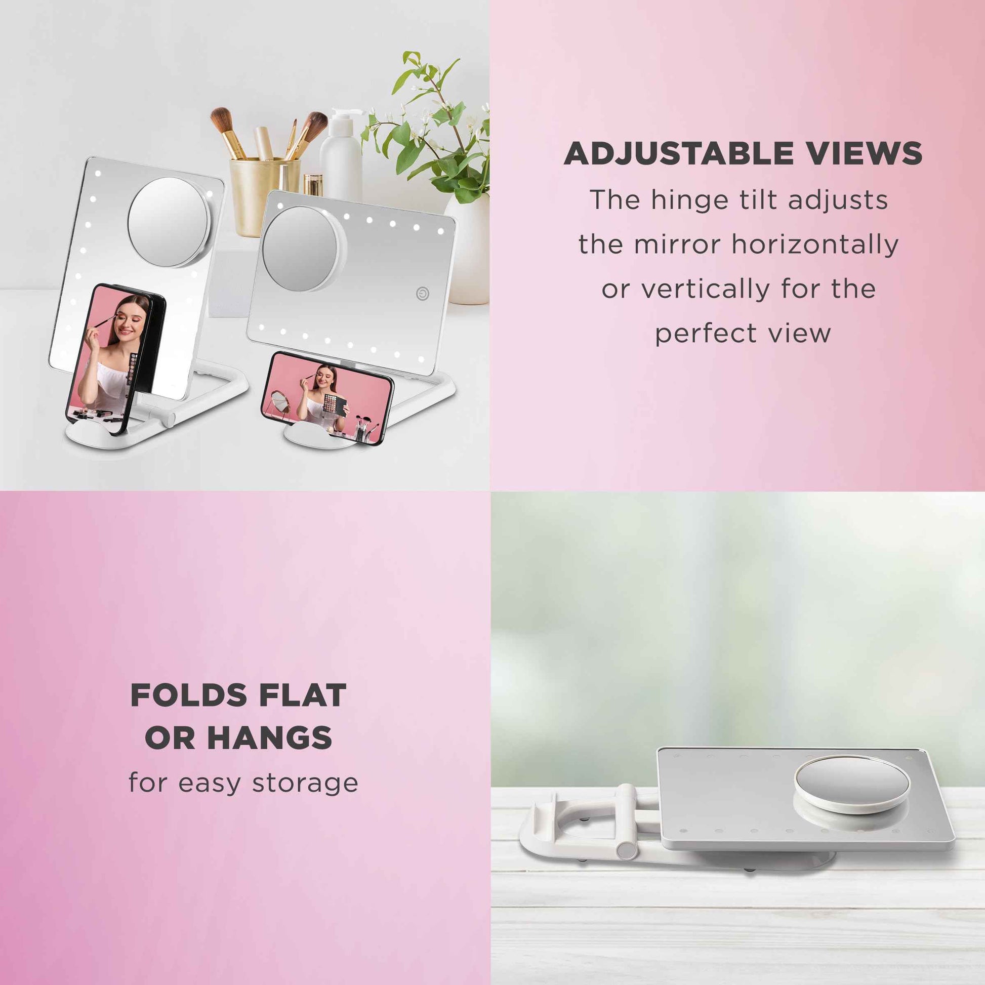 Conair Lighted Makeup Mirror, LED Vanity Mirror, 1X/10X Magnifying Mirror with Phone Holder, Battery Operated in Glossy White