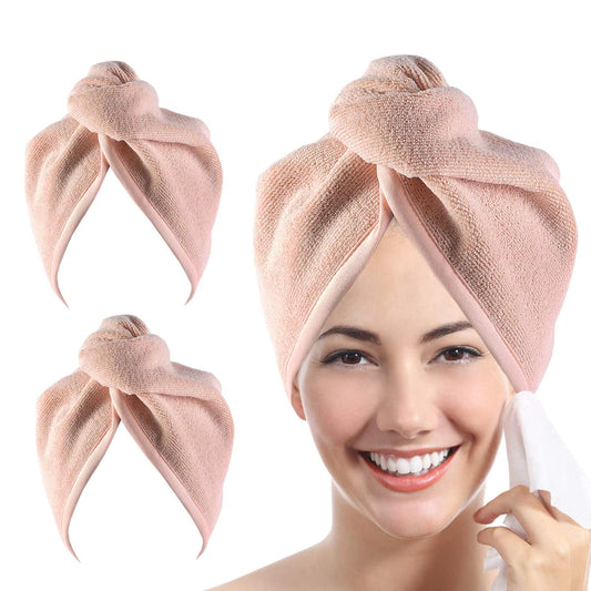 YoulerTex Ultra Plush Microfiber Hair Towel Wrap for Women, 2 Pack 10 inch X 26inch Purple, Ultra Absorbent Twist Hair Turban Drying Cap Hair Wrap, for Drying Curly, Long & Thick Hair (Peachy Beige)