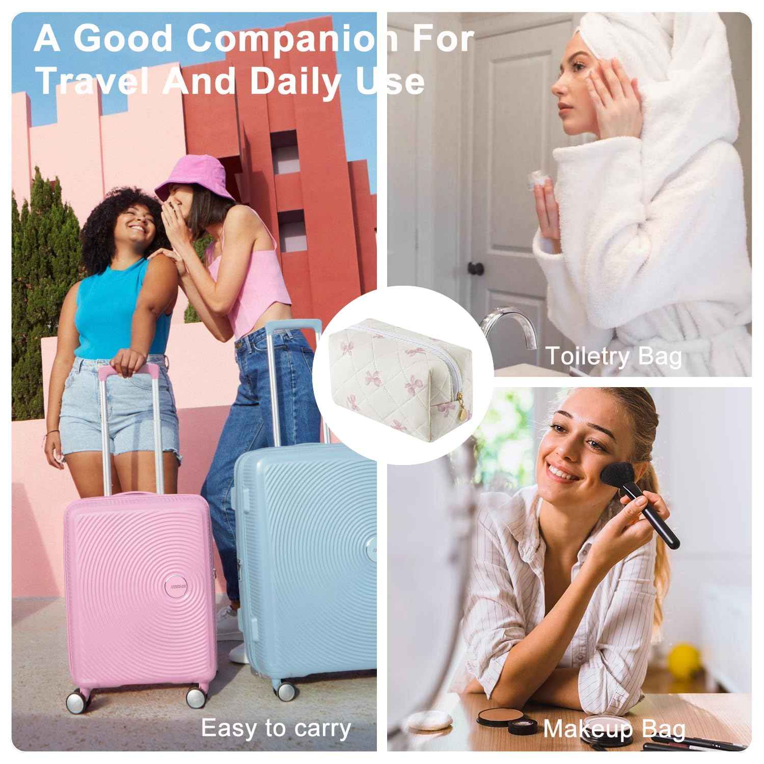 Gleyemor Small Quilted Makeup Bag for Women, Cute Floral Bow Cosmetic Bag, Emergency Bag Travel Toiletry Cotton Pouch Gifts for Girls Her Mom Friend Sister Bridesmaid (Small Pink Bowknot)