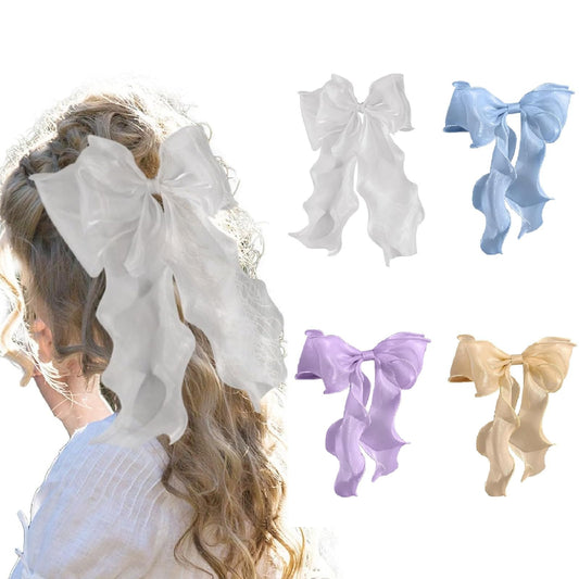 papasgix Hair Bow Clips, Hair Ribbons for Women - 4 Pack (White, Blue, Purple, Champagne)