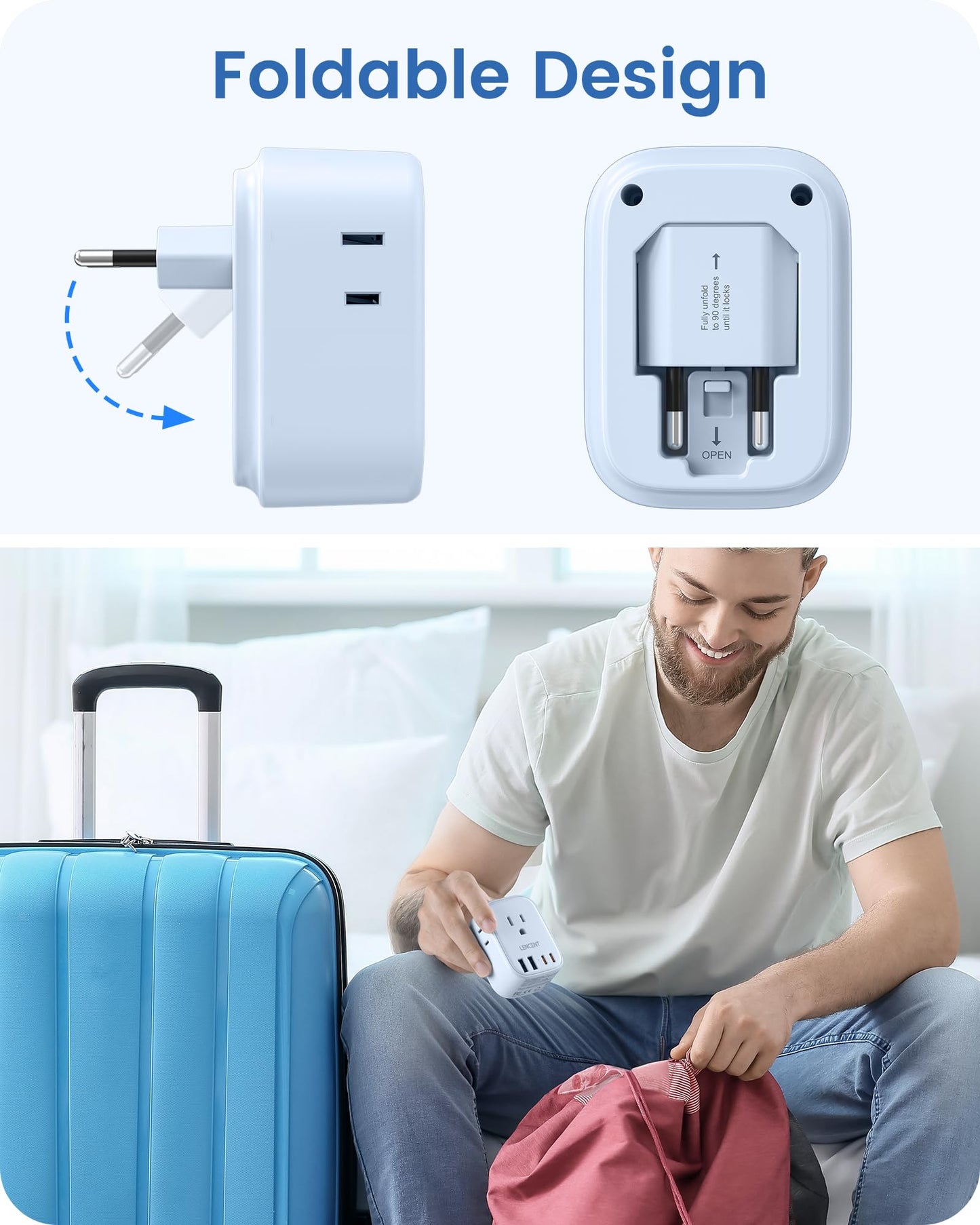 European Travel Plug Adapter, LENCENT International Type-C Foldable Power Plug with 4 Outlets, USB C Charger Adaptor, US to Most of Europe EU Iceland Spain Italy France Germany, Cruise Approved, Blue