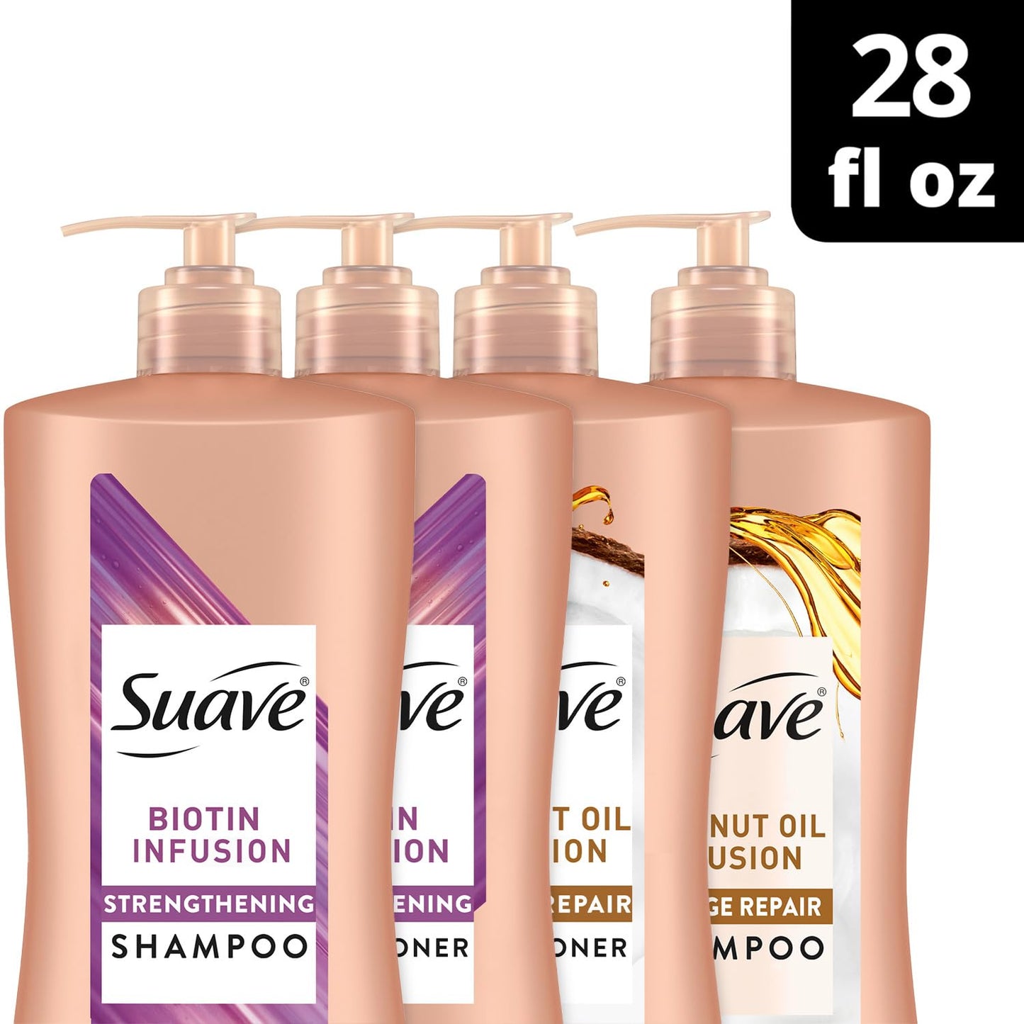 Suave Shampoo and Conditioner Set, Coconut Oil Infusion + Biotin Infusion – Hair Repair & Strengthening Hair Care Bundle, 28 Oz Ea (4 Piece Set)