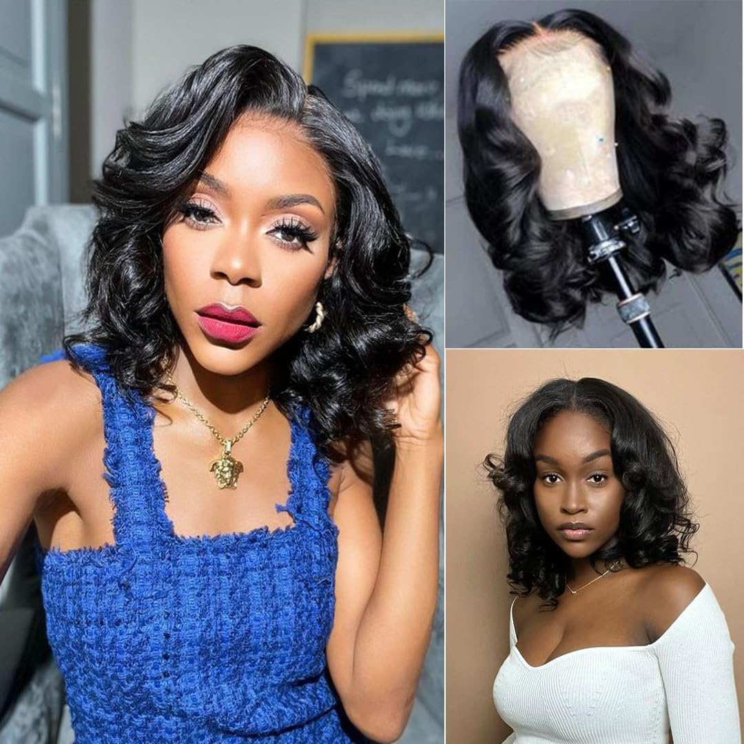 Ahaisy Glueless Bob Wig Human Hair Pre Plucked Wear and Go Wigs Pre Cut Lace Body Wave Short Bob Lace Front Wigs for Black Women Upgraded No Glue 4x4 Lace Closure Wigs (12 Inch)