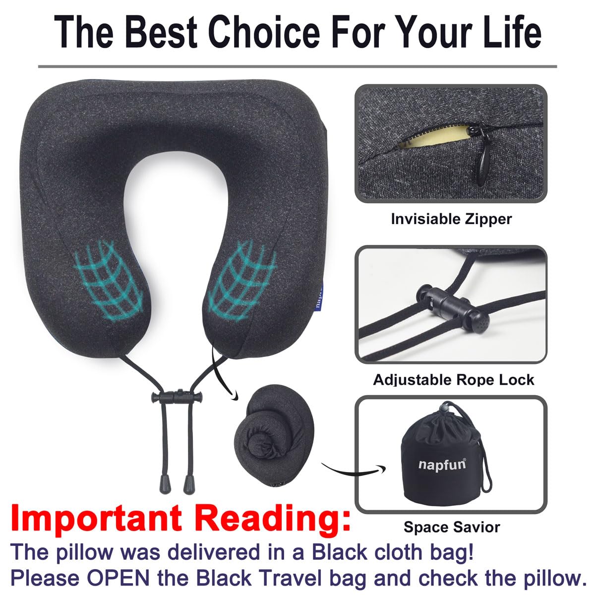 napfun Travel Pillow, Travel Accessories & Travel Essentials for Airplane Upgraded 100% Pure Memory Foam Travel Neck Pillow for Flight Headrest Sleep, Portable Plane Necessities, Full Black