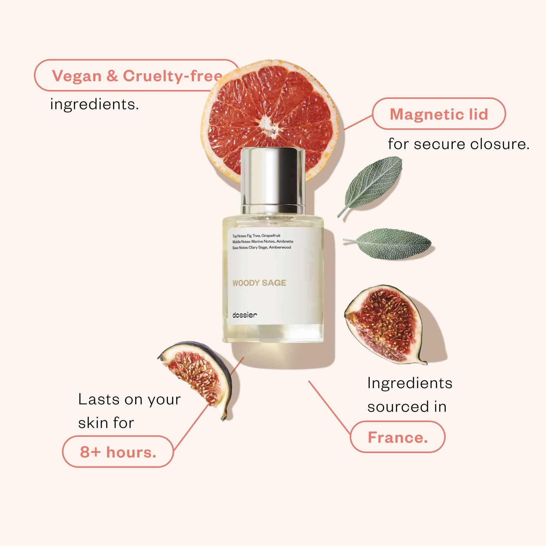 Dossier - Woody Sage - Eau de Parfum - Inspired by J.Malone's Wood Sage & Sea Salt - Perfume Luxury - Pure Infused - Paraben Free - Vegan - For Women Men Unisex - Fragrance 1,70z (Spray 50ml)