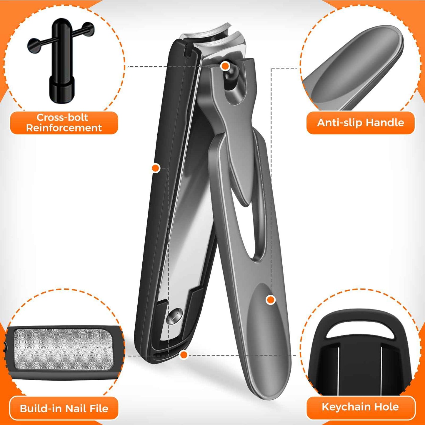 Nail Clippers for Men Thick Ingrown Nails, Wide Opening Large Toe Nail Clippers for Seniors Thick Toenails, Anti Splash Fingernail Clipper Cutter with Catcher, Slanted Curved Ingrown Toenail Clippers