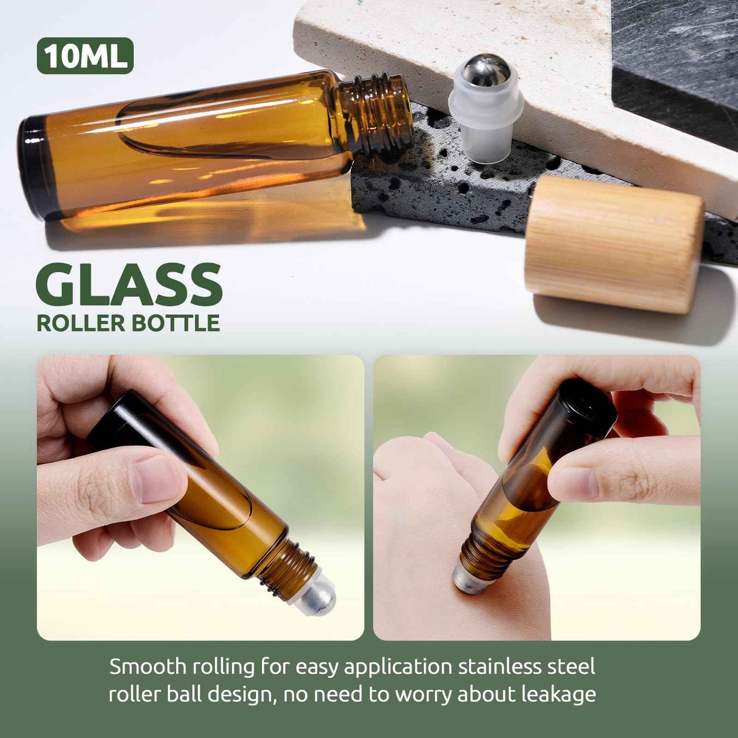 bofessor 4 Pack Essential Oil Roller Bottles, 10ml Amber Glass Rollerballs with Bamboo Plastic Caps - Empty Refillable Travel Roll-On Containers for Perfume & Essential Oils