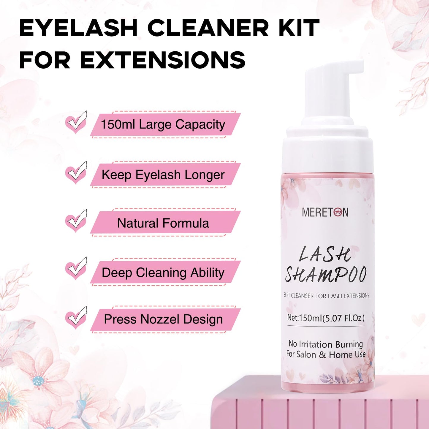 MERETON 150ml Lash Shampoo for Lash Extensions, Eyelash Extension Cleanser Lash Cleaning Kit for Cluster Lashes with Fan+Makeup Pad+Cleaning Brush+100 Pcs Lash Brush+Wash Bottle, Oil Free Foam