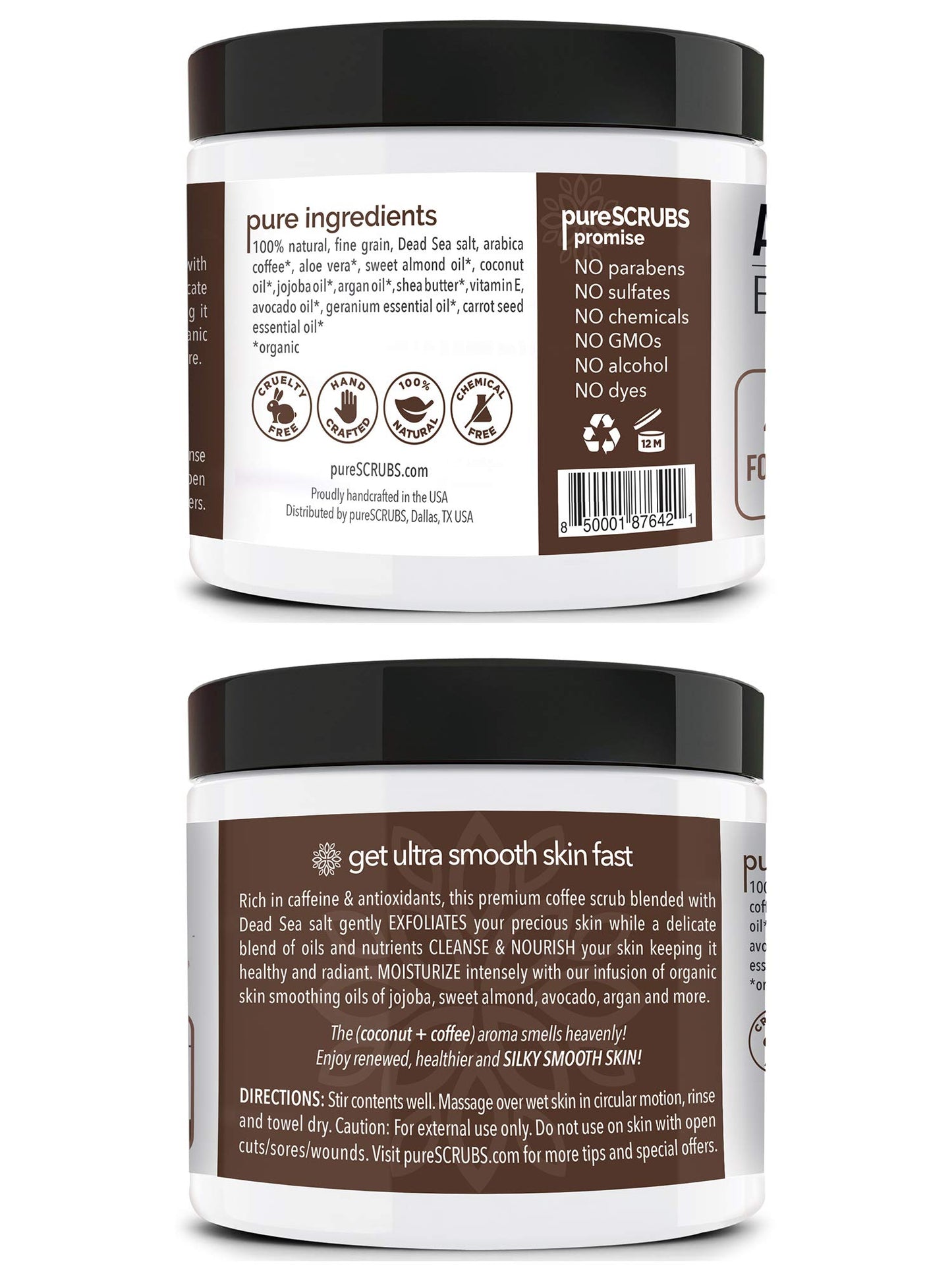 pureSCRUBS Premium Organic Arabica Coffee Body Scrub Set - COCONUT BLEND Large 16oz Anti Cellulite Scrub With Essential Oils & Nutrients + FREE Wooden Spoon, Loofah & Mini Organic Exfoliating Bar Soap