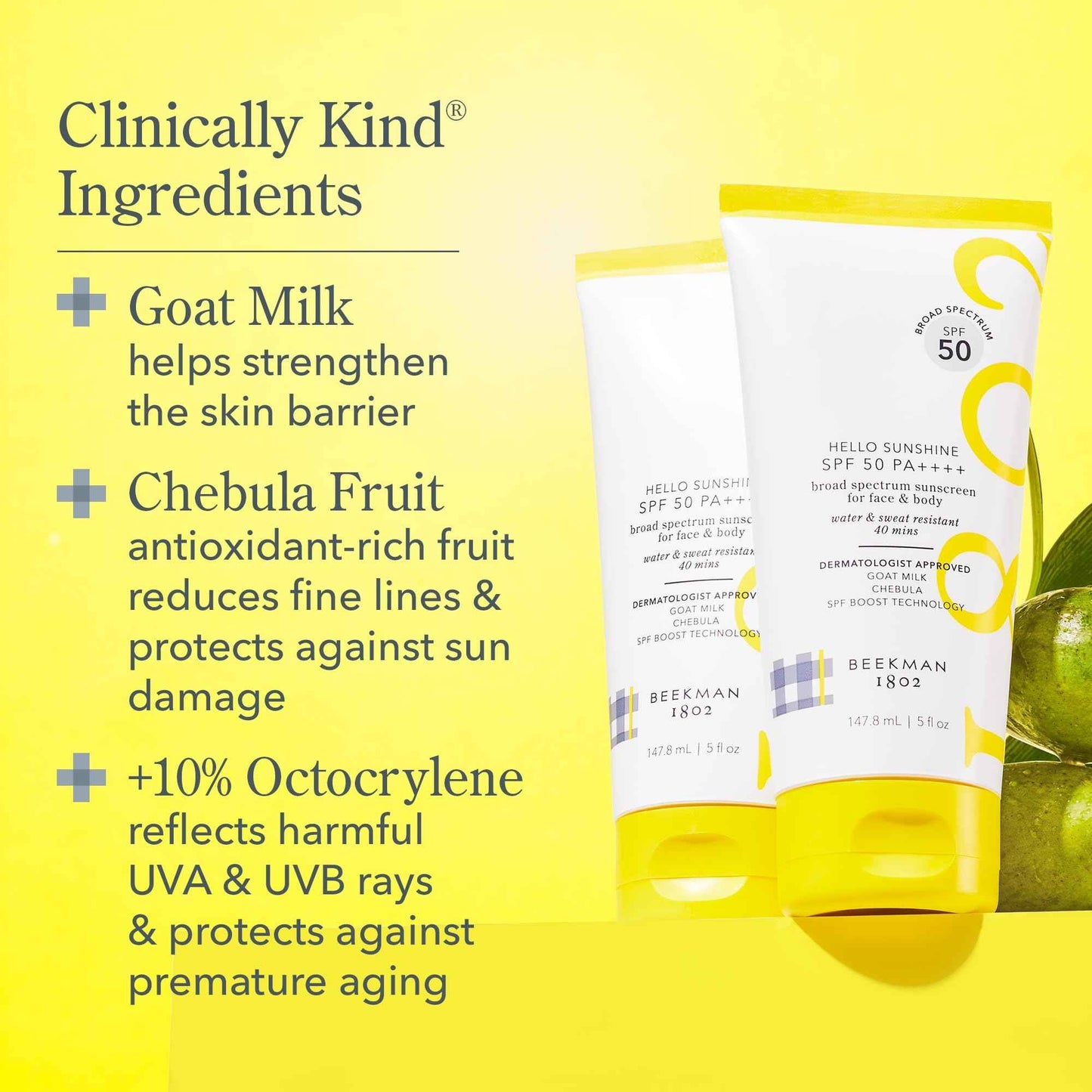 Beekman 1802 Hello Sunshine SPF 50 PA ++++ - Sunscreen for Face & Body - 5.0 fl. oz - Reduces Fine Lines & Protects Against Sun Damage - Good for Sensitive Skin - Cruelty Free - Reef Safe