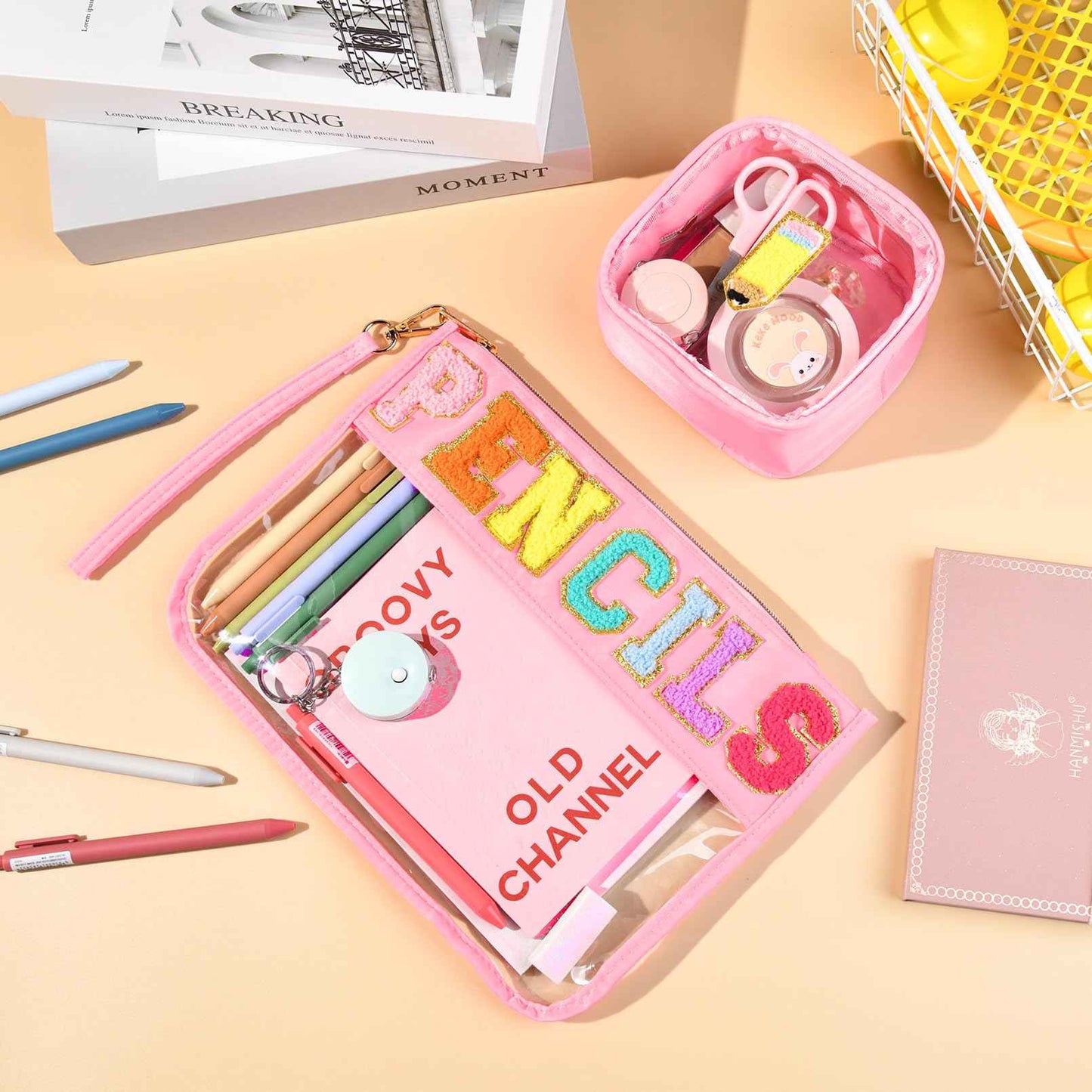 SOIDRAM 2 Pcs Bags Clear Chenille Letter Pouch Travel Bag Zipper Nylon Makeup Bag Organizer Cosmetic Pouch Toiletry Bag Waterproof Travel Gifts for Teacher