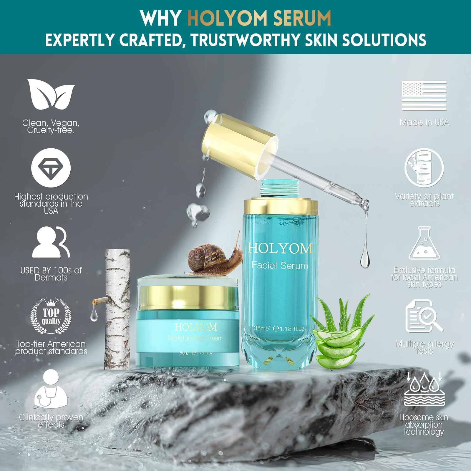 HOLYOM Snail Mucin Face Serum with Hyaluronic Acid – Anti-Aging Facial Serum for Fine Lines, Wrinkles & Dull Skin – Hydrating & Firming Essence for All Skin Types, 1.18 fl oz