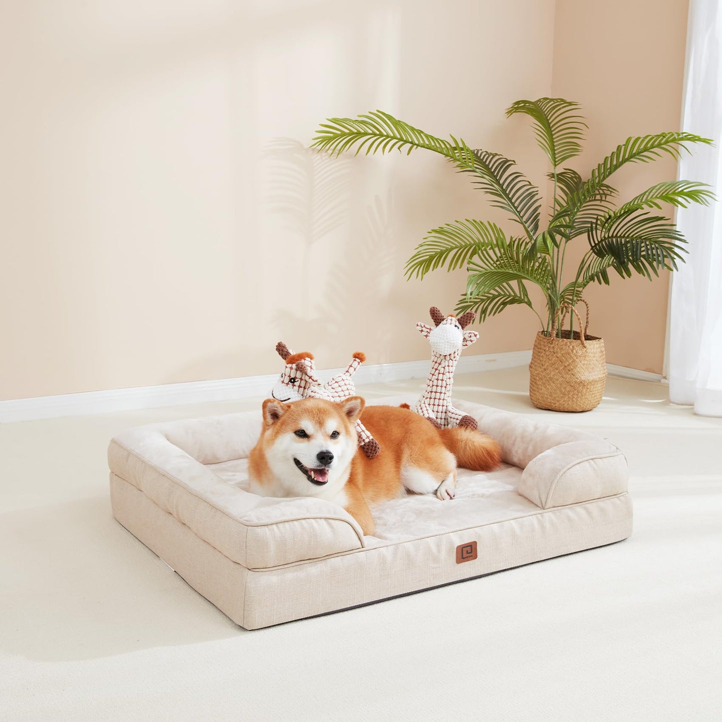 EHEYCIGA Orthopedic Dog Beds for Large Dogs, Waterproof Memory Foam Large Dog Bed with Sides, Non-Slip Bottom and Egg-Crate Foam Large Dog Couch Bed with Washable Removable Cover, Beige