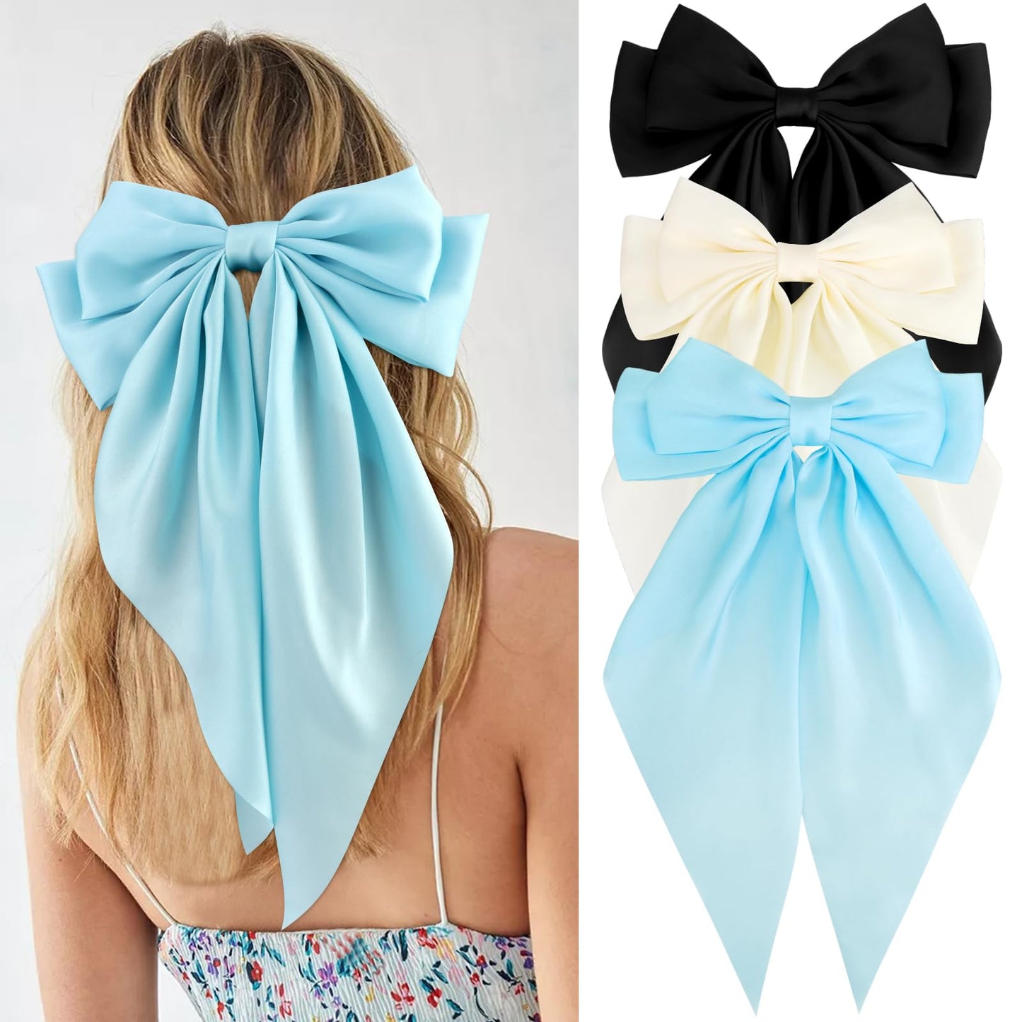 Velscrun Women's Hair Bows Set - 3Pcs Silky Satin Oversized Barrettes with Long Tail Ribbons in White, Black, and Bright Blue