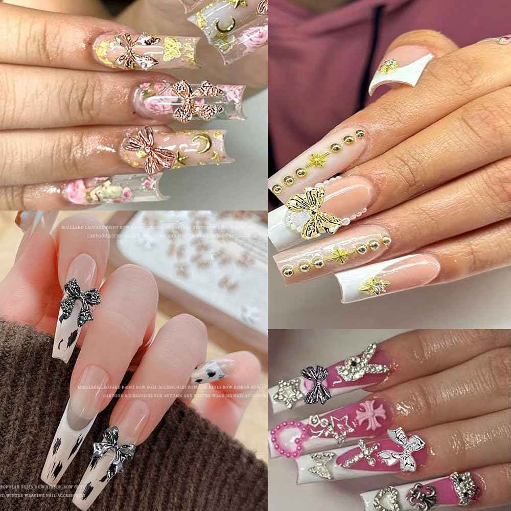 KACHIMOO 120 PCS Bow Nail Charms Silver Gold Black Rose Gold Bowknot Nail Art Charm 3D Alloy Bow Charms for Nail Art Design