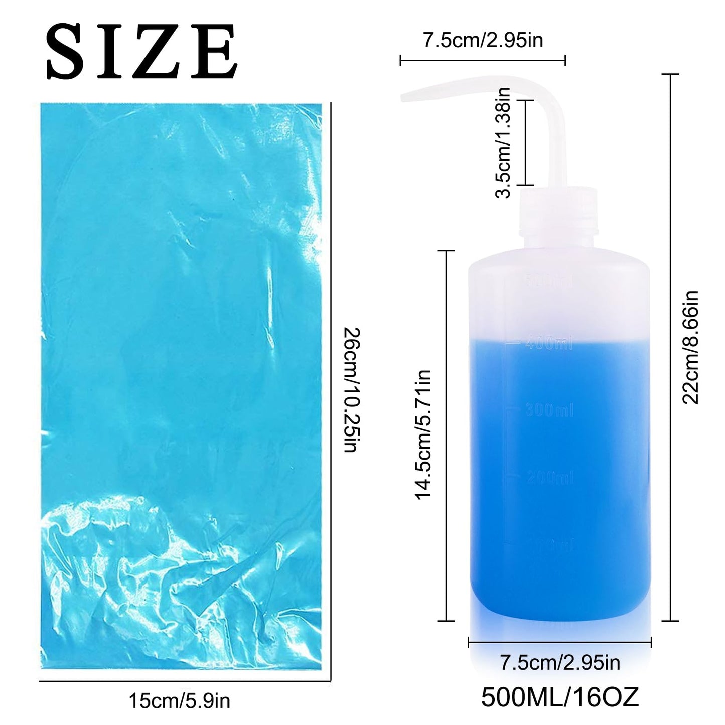 CINRA 250Pcs Tattoo Bottle Bags with 2Pcs Wash Bottles, Disposable Squeeze Bottle Bags and 500ml/16oz Squeeze Bottles Blue Wash Bottle Covers Sleeves Dental Bottle Cover for Tattoo Bottles Supplies