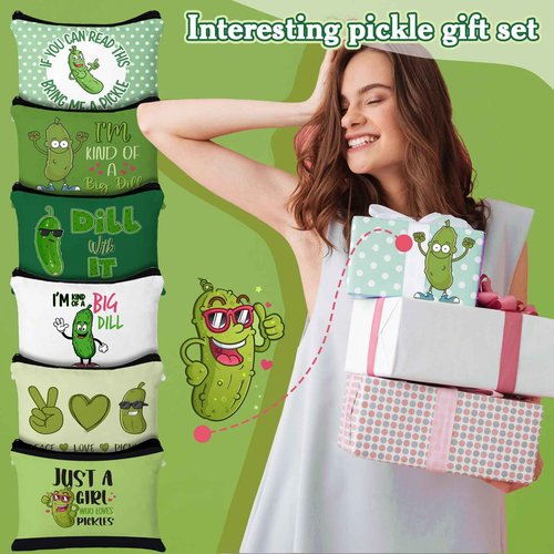 Clysee 6 Pcs Christmas Pickle Gifts Bulk Funny Makeup Bag Portable Zipper Pouch Bag Travel Pouch Party Gifts Bulk for Women Friend Pickle Lovers Party Favors