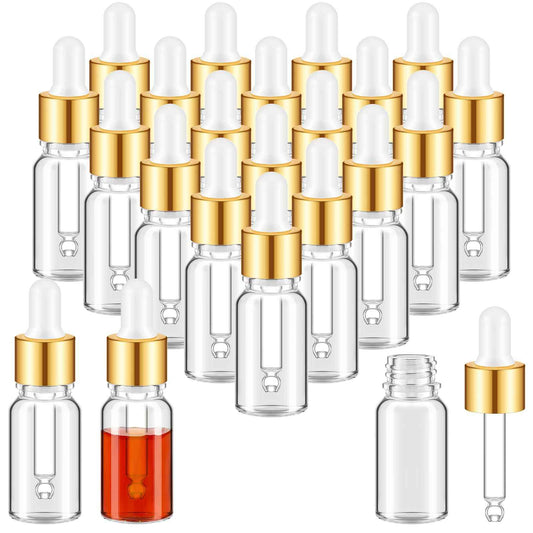 Didaey 100 Pcs Mini Glass Oil Dropper Bottle Bulk, Clear Essential Small Empty Bottles Sample Containers Perfume Liquid Vials with Cap for Traveling (10 ml,Gold)