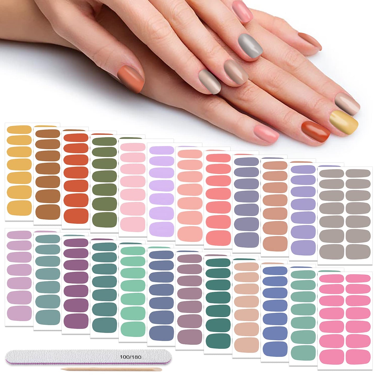 DANNEASY 24 Sheets Solid Color Nail Wraps Nail Polish Strips Stick On Nails Adhesive Nail Polish Stickers for Women Nail Art with 1pc Nail File, Cuticle Stick (Light Colour)