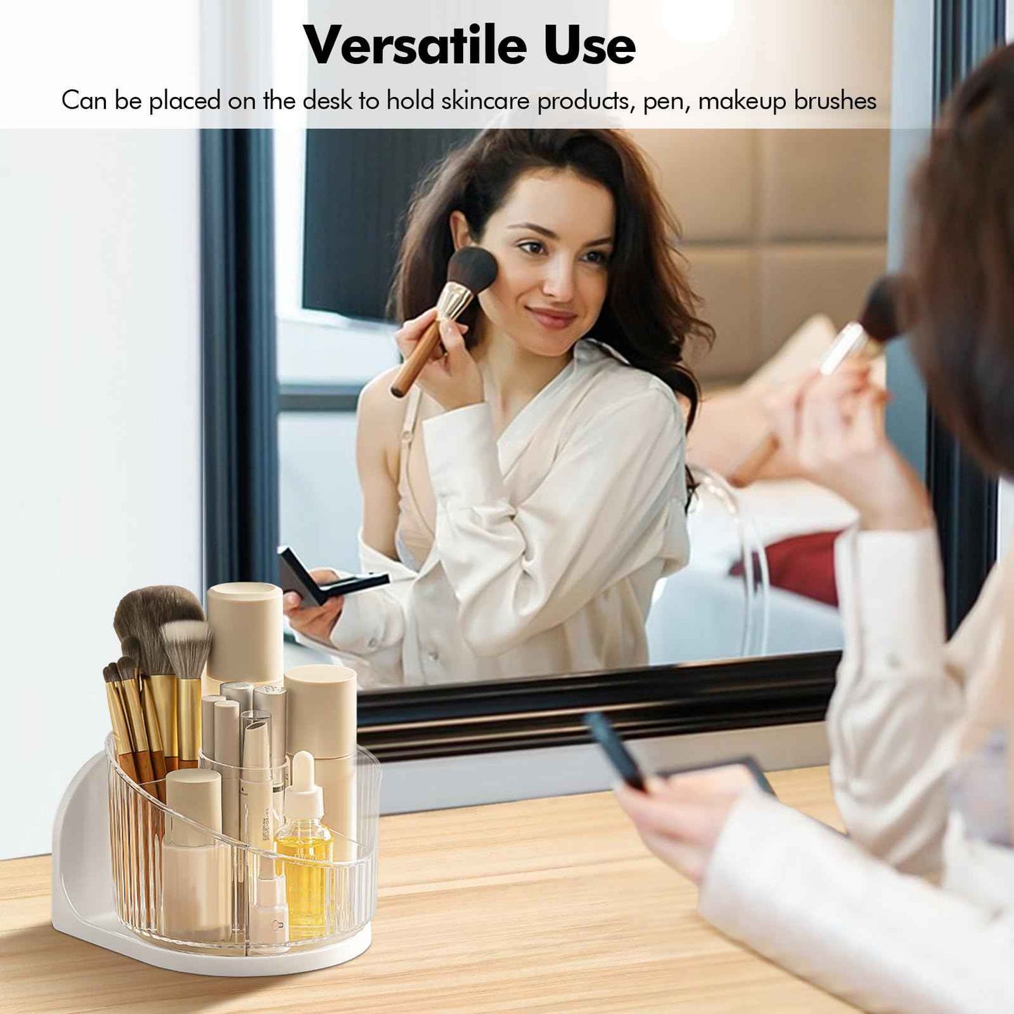 Poeland Wall Mounted Makeup Brushes Organizer, 360 Rotating Makeup Holder with 6 Compartments for Skincare Products, Makeup Brushes