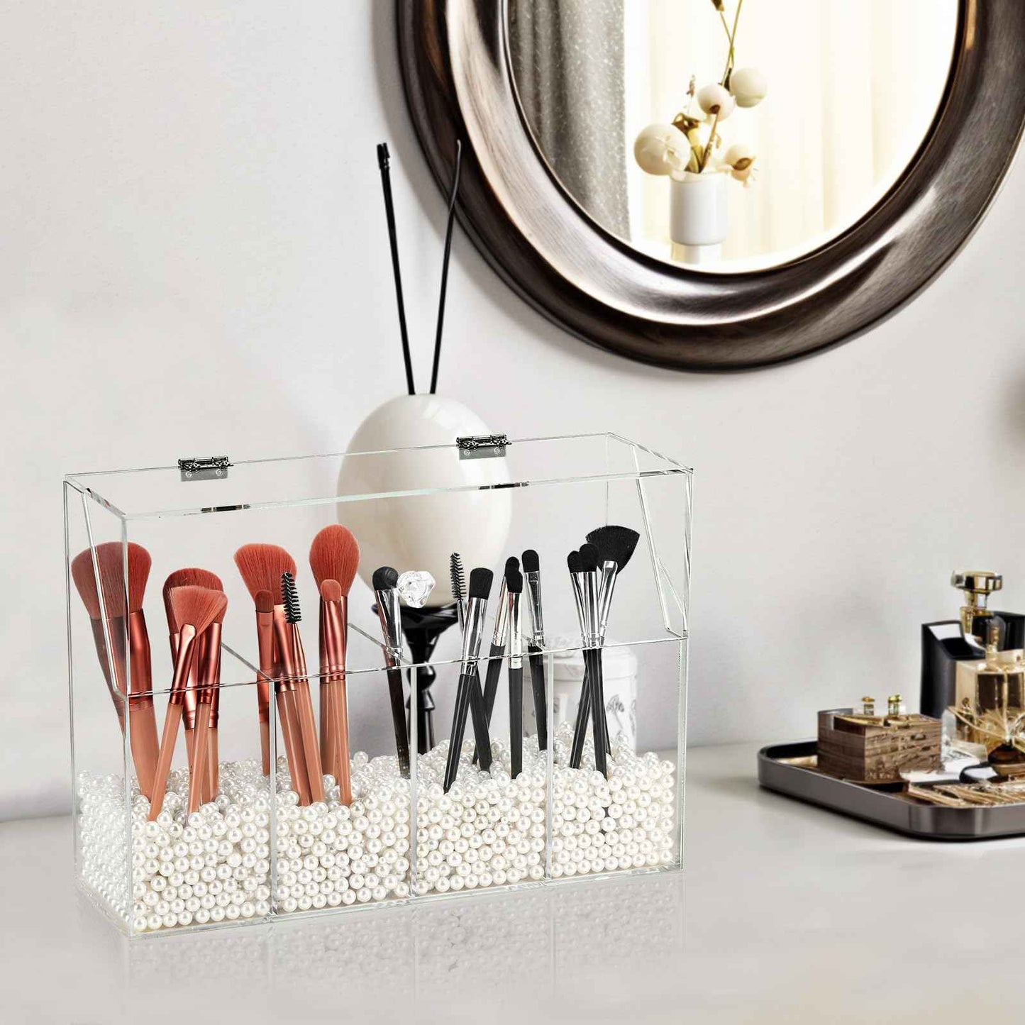Vevitts Acrylic Makeup Organizer, Clear Cosmetic Brush Storage Box With 4 Brush Holders (Pearl not included),Makeup Brush Holder with Dust Cover, Large-capacity Split Design Organize the Desktop