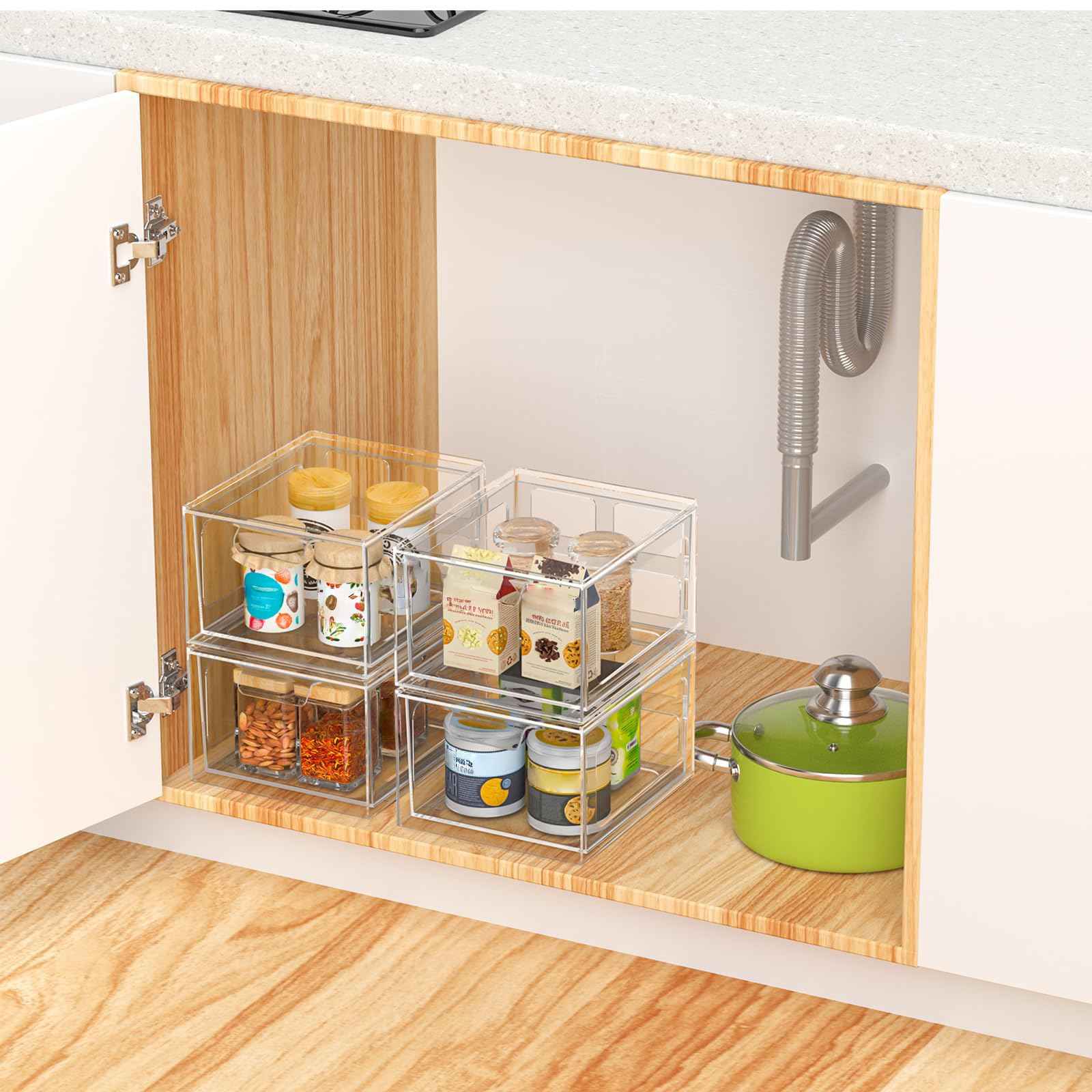 SpaceHacks 6 Pack Stackable Plastic Makeup Organizer Drawers, Acrylic Organizers, Clear Storage Bins with Pull-Out Handles for Vanity, Kitchen Cabinets, Pantry