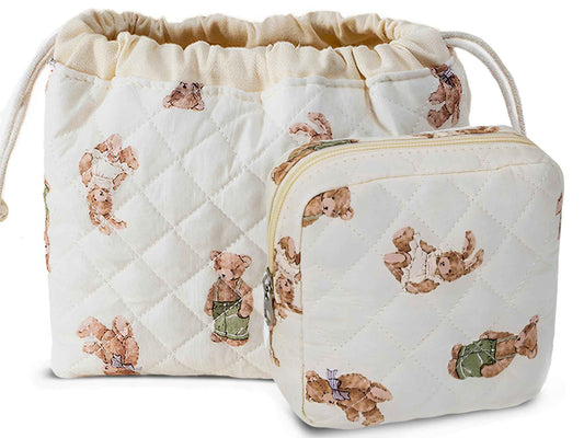 HAPPYHEIDI Quilted Cotton Drawstring Makeup Bag Set 2 Size w Compartment Cosmetic Toiletry Travel Pouch,Purse Organizer,Brown Teddy Bears