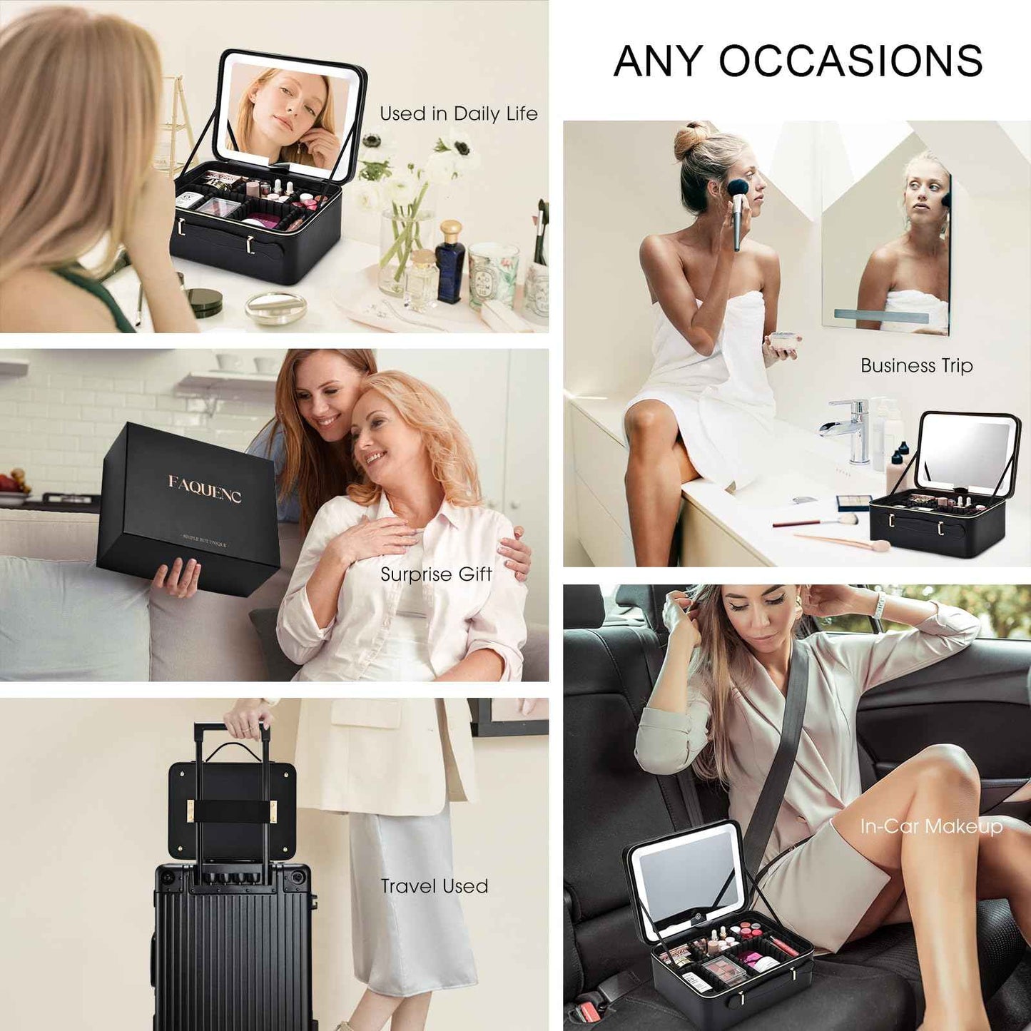 Faquenc 11.4 Inch Extra Large Makeup Bag with LED Lighted Mirror Leather Cosmetic Train Case Light up Mirror Portable Makeup Artist Storage Bag with Dividers Makeup Brush Holder Vanity Black