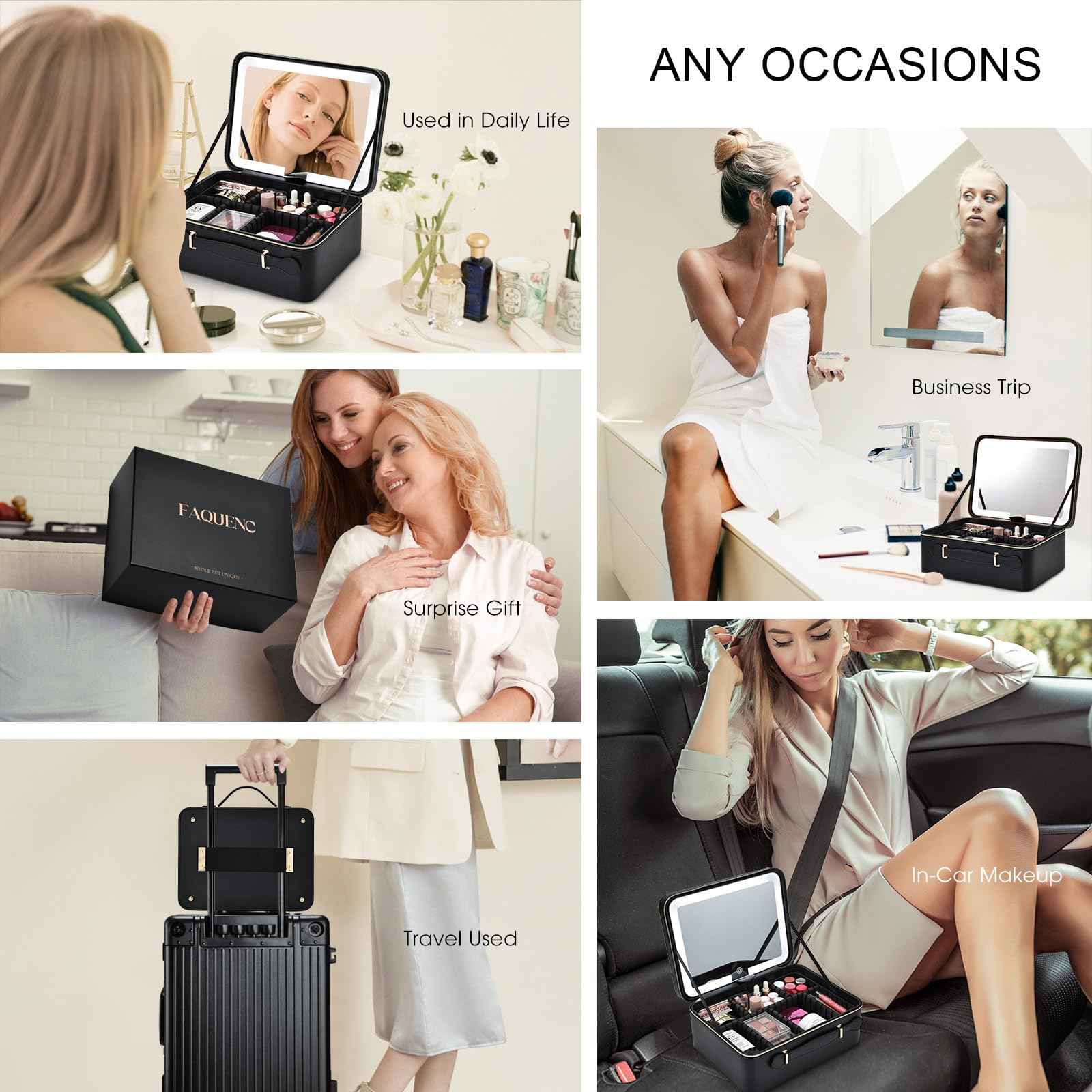 Faquenc 11.4 Inch Extra Large Makeup Bag with LED Lighted Mirror Leather Cosmetic Train Case Light up Mirror Portable Makeup Artist Storage Bag with Dividers Makeup Brush Holder Vanity Black