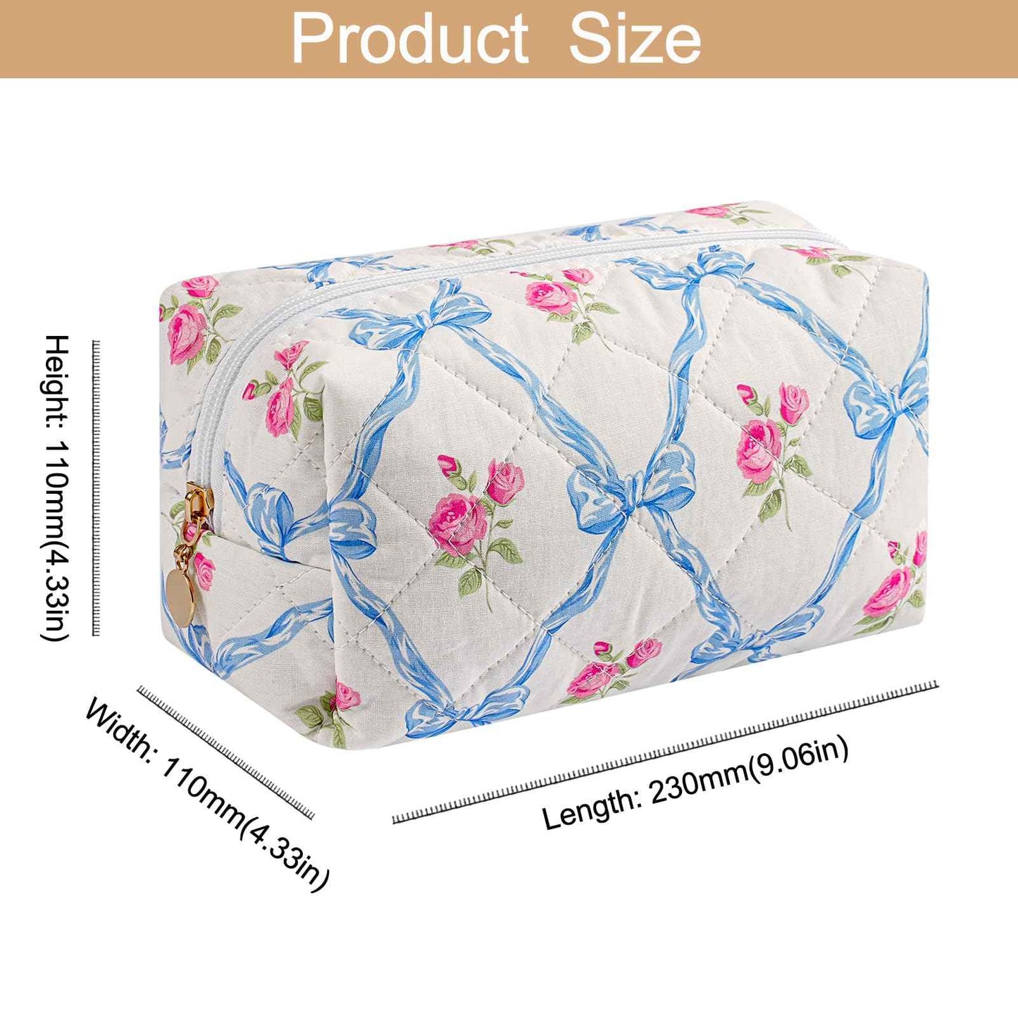 HHQQWZ Quilted Cotton Makeup Bag Travel Cosmetic Bag for Women Girls, Zipper Make Up Pouch, Bow Pattern Toiletry Organizer Makeup, Portable Storage Bag (2 Pack: Blue Bowknot)