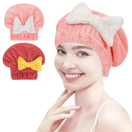 PetsHome Hair Drying Cap 2 Pack Microfiber Hair Drying Towels, Super Absorbent Head Wrap with Bowknot Shower Cap for Girls and Women-Pink+Red